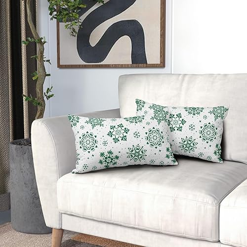 Miniatura 3 de Juego de 2 fundas de almohada lumbar de invierno y Navidad con copos de nieve verdes y blancos, 12 x 20 pulgadas, decoración de vacaciones de nieve,