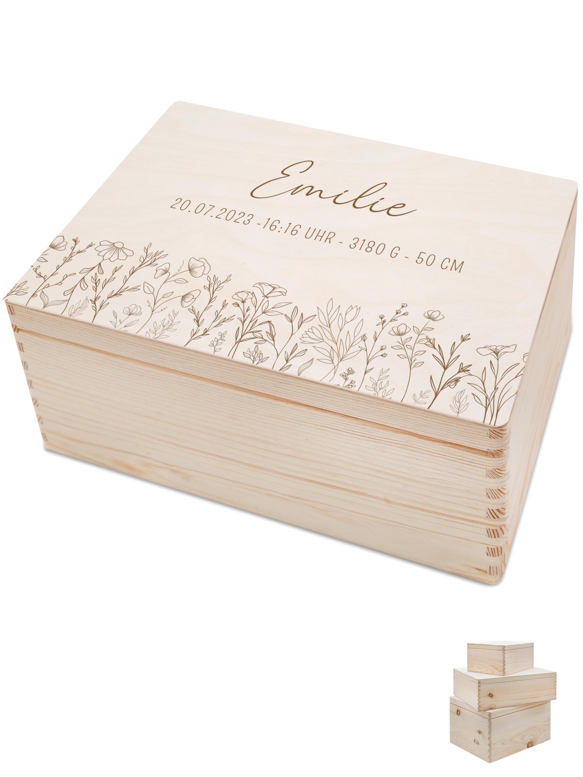 Bärenfreunde - Personalisierte Erinnerungsbox Baby mit Hochwertiger Gravur - Baby Erinnerungsbox - Erinnerungskiste aus Holz - Tolles Geschenk zur Geburt (M flach | Klappdeckel,Blumenwiese)