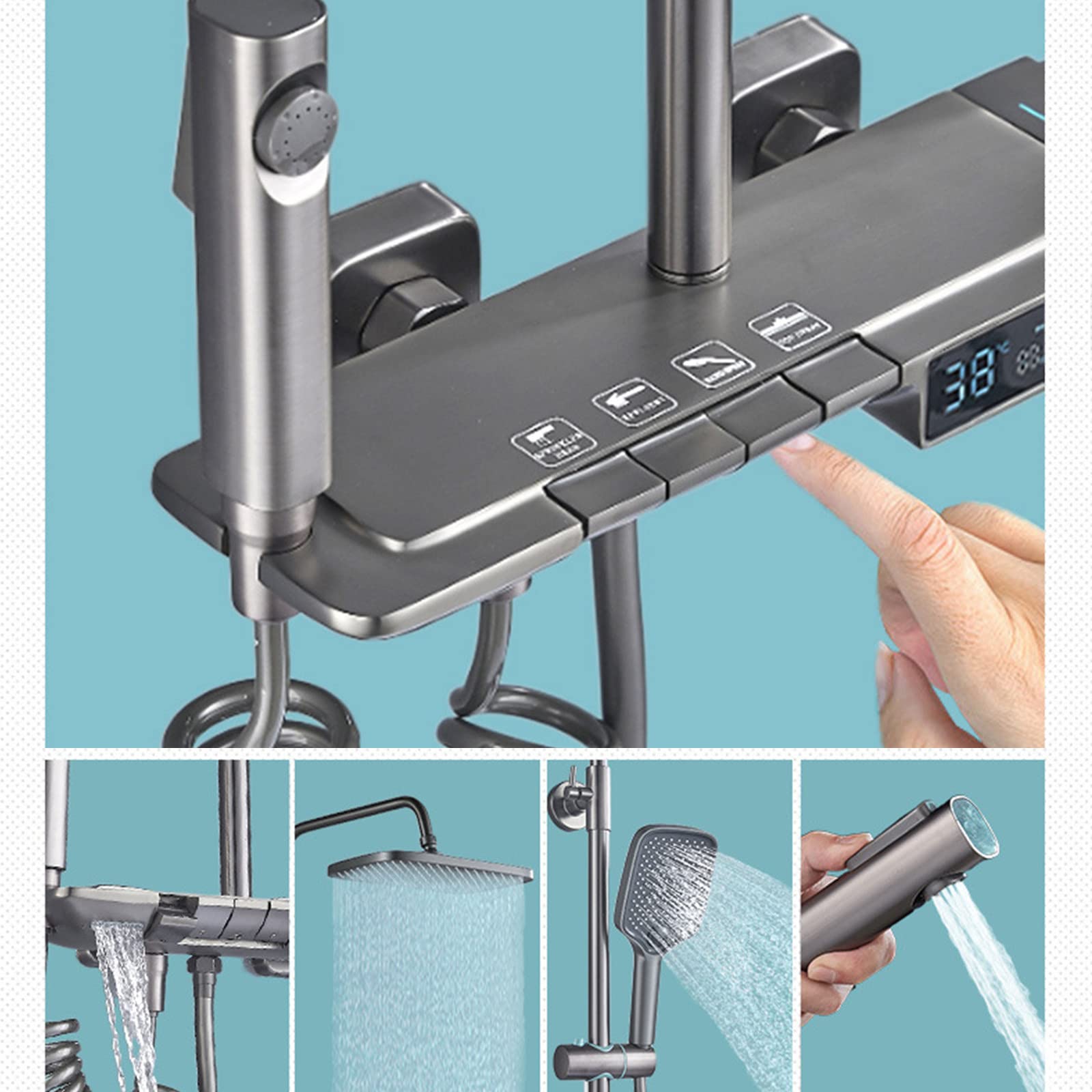Rubinetto Doccia da Esterno con Display Digitale termostatico, Sistema di Montaggio a Parete con beccuccio per Vasca, soffione, doccetta a 3 modalità e Bidet (Grigio)