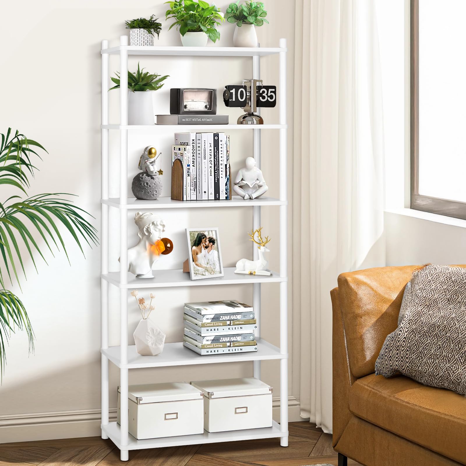 YGYQZ 6 Tier Bookshelf, White Shelving Unit Tall Storage Shelf Wooden Floor Standing Bookcase for Living Room, Bedroom, Office 80x30x167 cm