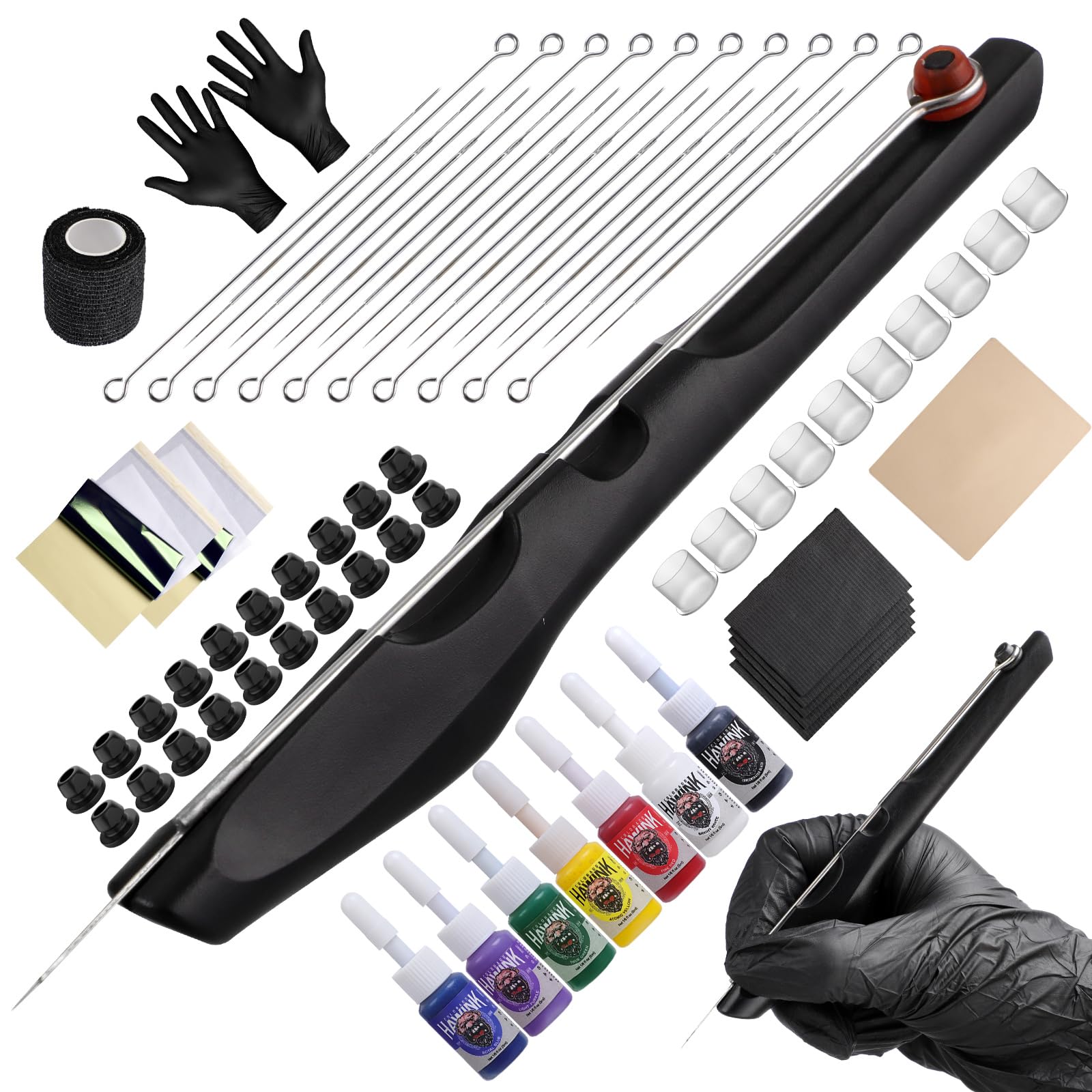 HAWINK Hand Poke and Stick Tattoo Kit with 7 Tattoo Ink 20PCS Needles DIY Pen Tool Black GK-HW803TN01UK-1