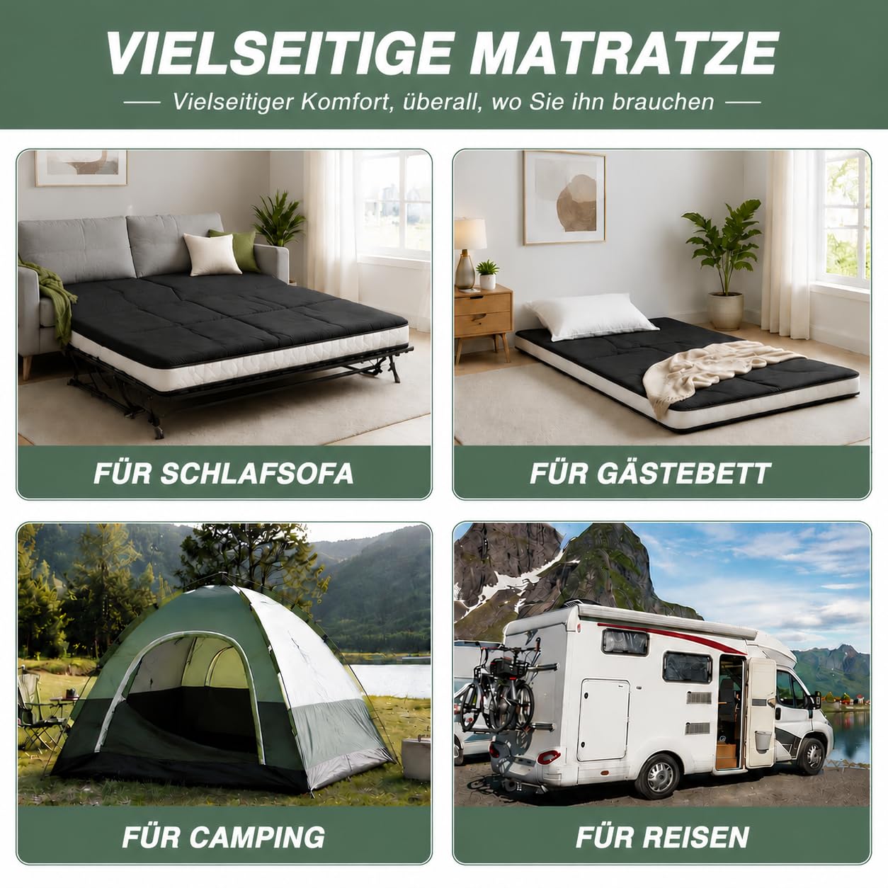 Futon Matratze 153x203cm Klappmatratze - 10cm dick Japanische Klappmatratze, Futon Gästebett, Bodenmatratze, Tragbar Matratze Faltbar für Tatami, Schlafsälebett, Camping, Wohnmobil - Schwarz
