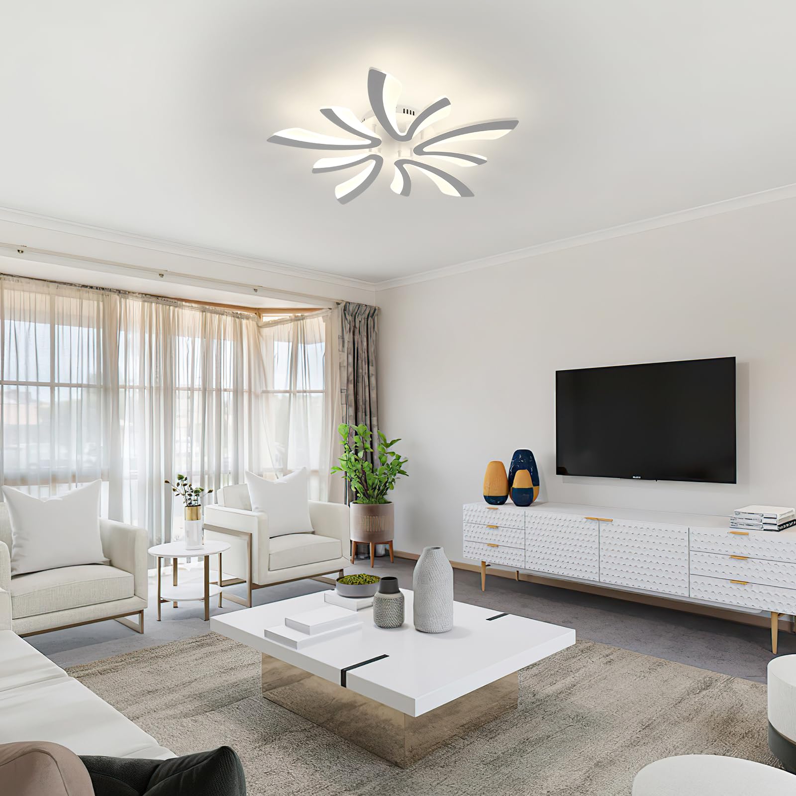 Comely Plafoniera da soffitto LED moderna 50W, 5625LM. Design elegante a cinque teste in acrilico e ferro, ideale per soggiorno, camera da letto o sala da pranzo. Luce naturale 4500K, bianco, 70cm