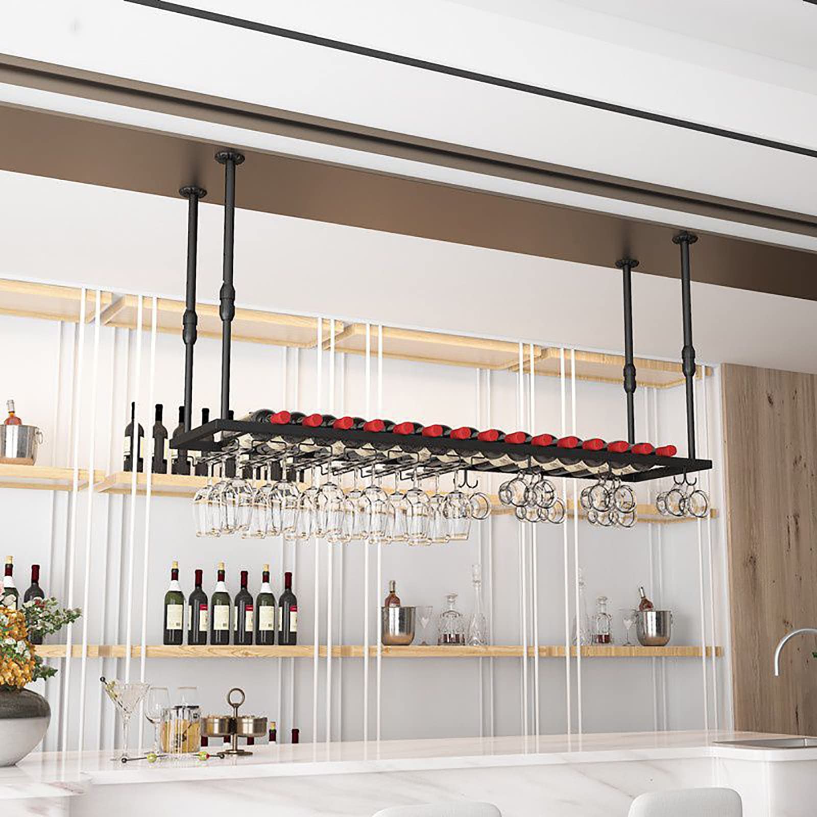 Regulowany metalowy stojak na wino montowany na ścianie żelazny uchwyt na kieliszki 60 cm czarny pojemnik na kieliszki do wina do barów restauracji i kuchni stylowy design sufitowy