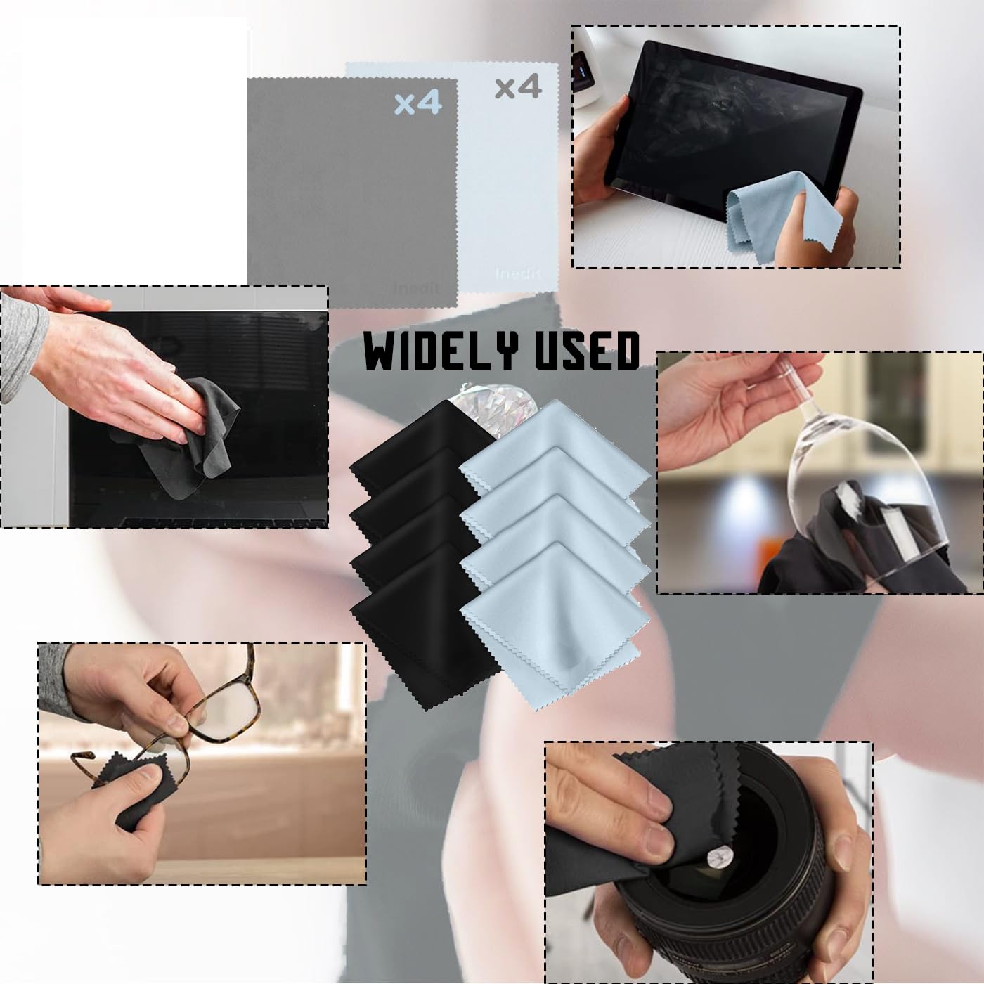 8 Pezzi Panni Microfibra Occhiali, Lavabili per pulizia di occhiali, per Schermi, Lenti, Tablet (Nero*4, Blu*4)