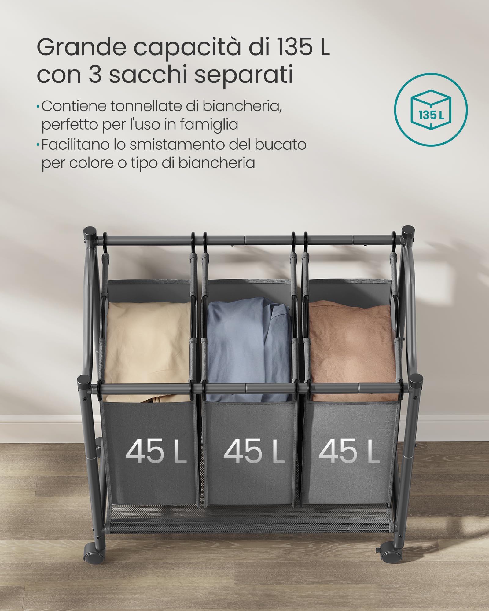 SONGMICS Carrello Portabiancheria, Cesto Porta Biancheria con 3 Sacchi Rimovibili, Carrello per Lavanderia, Camera da Letto, Bagno, 3 x 45 L, Grigio Ardesia RLS102G01