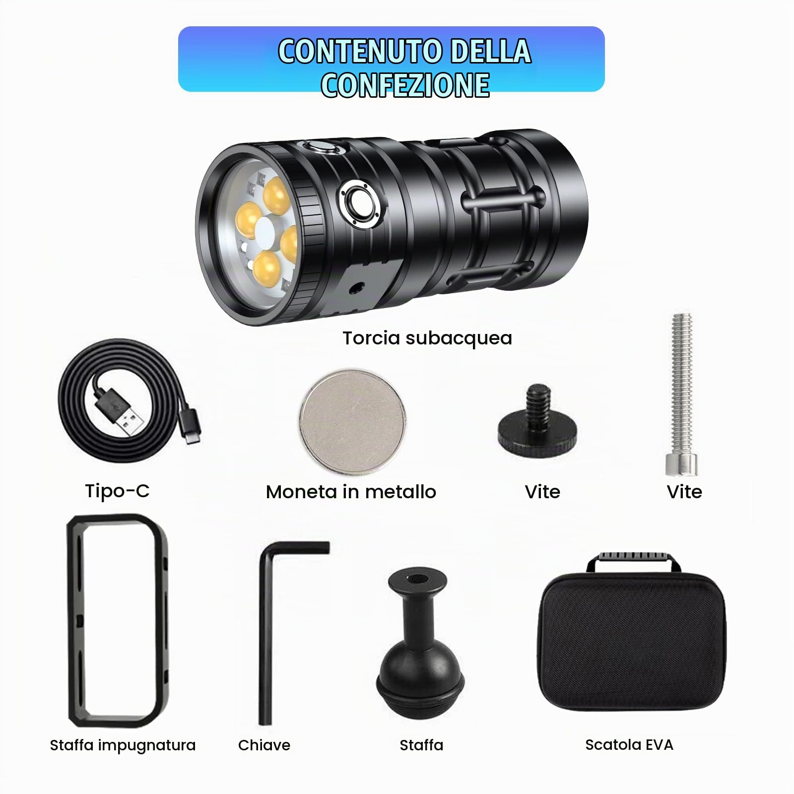Subacquea per la Fotografia Subacquea, Torcia Subacquea Super Luminosa da 3300 Lumen, Luce Video Subacquea Impermeabile da 100 Metri Con Ricarica Type-C, Professionale per l'Illuminazione Subacquea