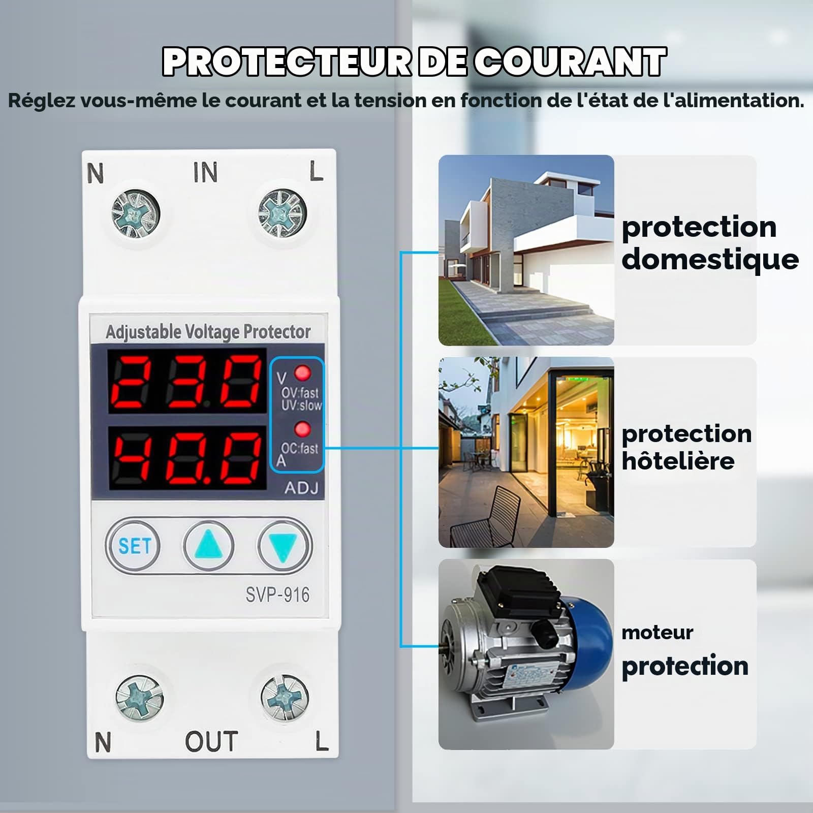 Protecteur de Courant de Tension,Protecteur de Tension Intelligent monophasé,Protecteur de Courant de sous Tension de surtension réglable monophasé Intelligent 230V AC,Installation sur Rail DIN(40A)
