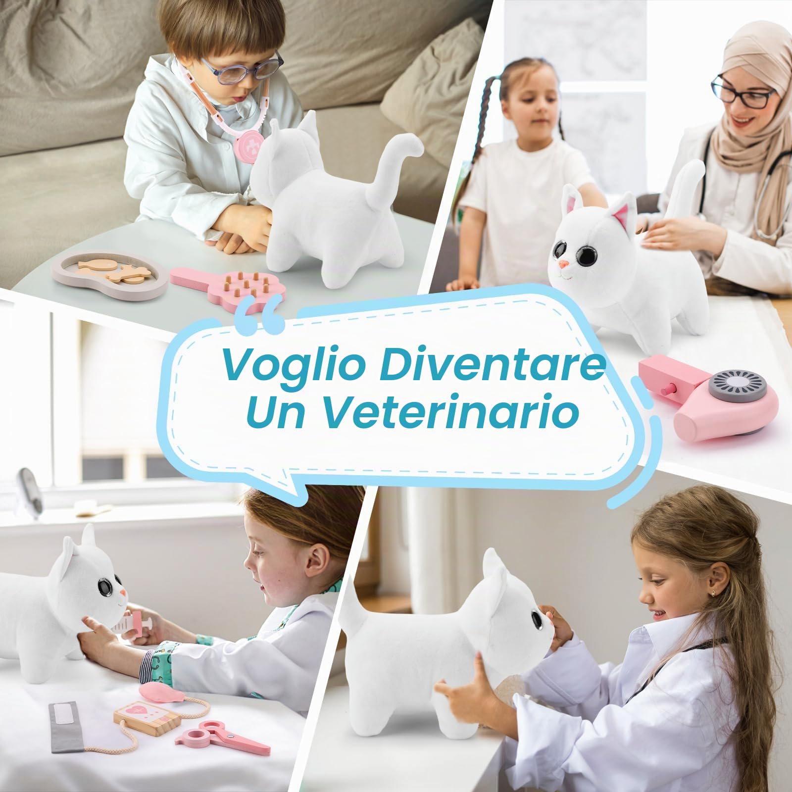 UMU® 37 giocattoli veterinari in legno per bambini con gatto in peluche, stetoscopio, misuratore di pressione sanguigna ecc. Giocattolo veterinario per bambini e ragazze di 3, 4, 5 anni