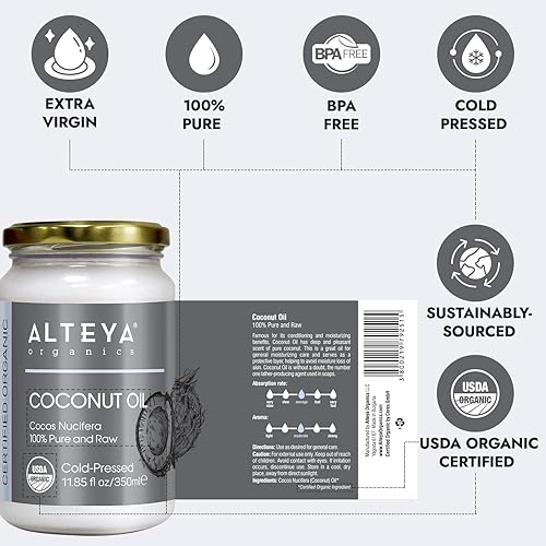 Miniatura 2 de Alteya Aceite de coco virgen extra orgánico, 11.85 fl oz, 100% certificado por USDA, aceite de coco extra virgen natural orgánico puro (Cocos