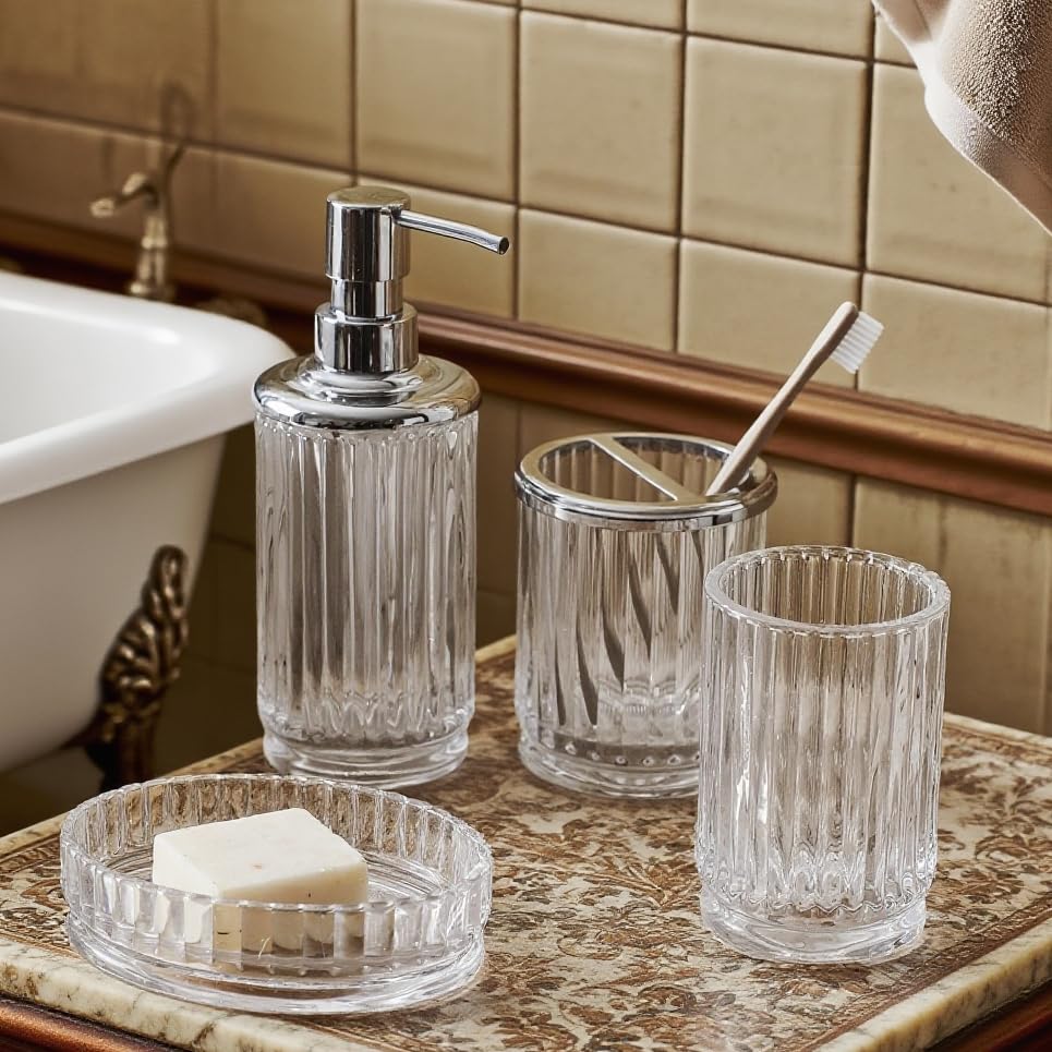4-Piece Glass Bathroom Accessories Set, Clear Crystal Ribbed Design, Soap Dispenser, Toothbrush Holder, Tumbler, Soap Dish - Image 3