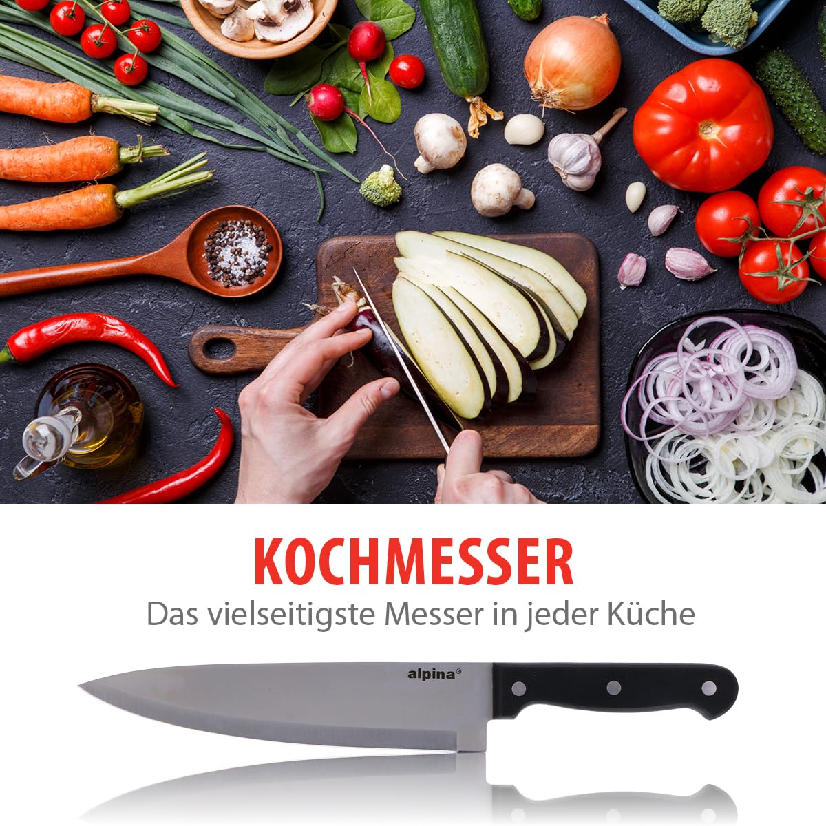 alpina Messerblock 22-Teilig - Messerset mit Block - Küchenmesser Set - 18 Verschiedener Messer - Inkl. Schärfer und Schere mit Antihaftbeschichtung - 21 x 15 x 22 CM - Messerblock aus Holz