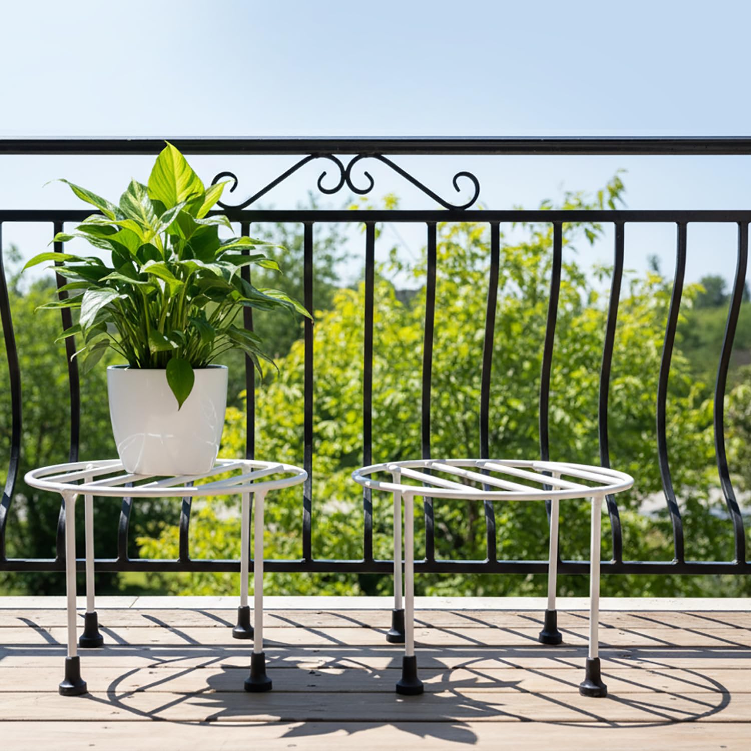 ORILEY Plant Round Stand Galvanised Metal Flower Pot Holder Gamla Support Corner Rack Outdoor Display Shelf for Home Garden Balcony Decoration - (Pack of 2, White)