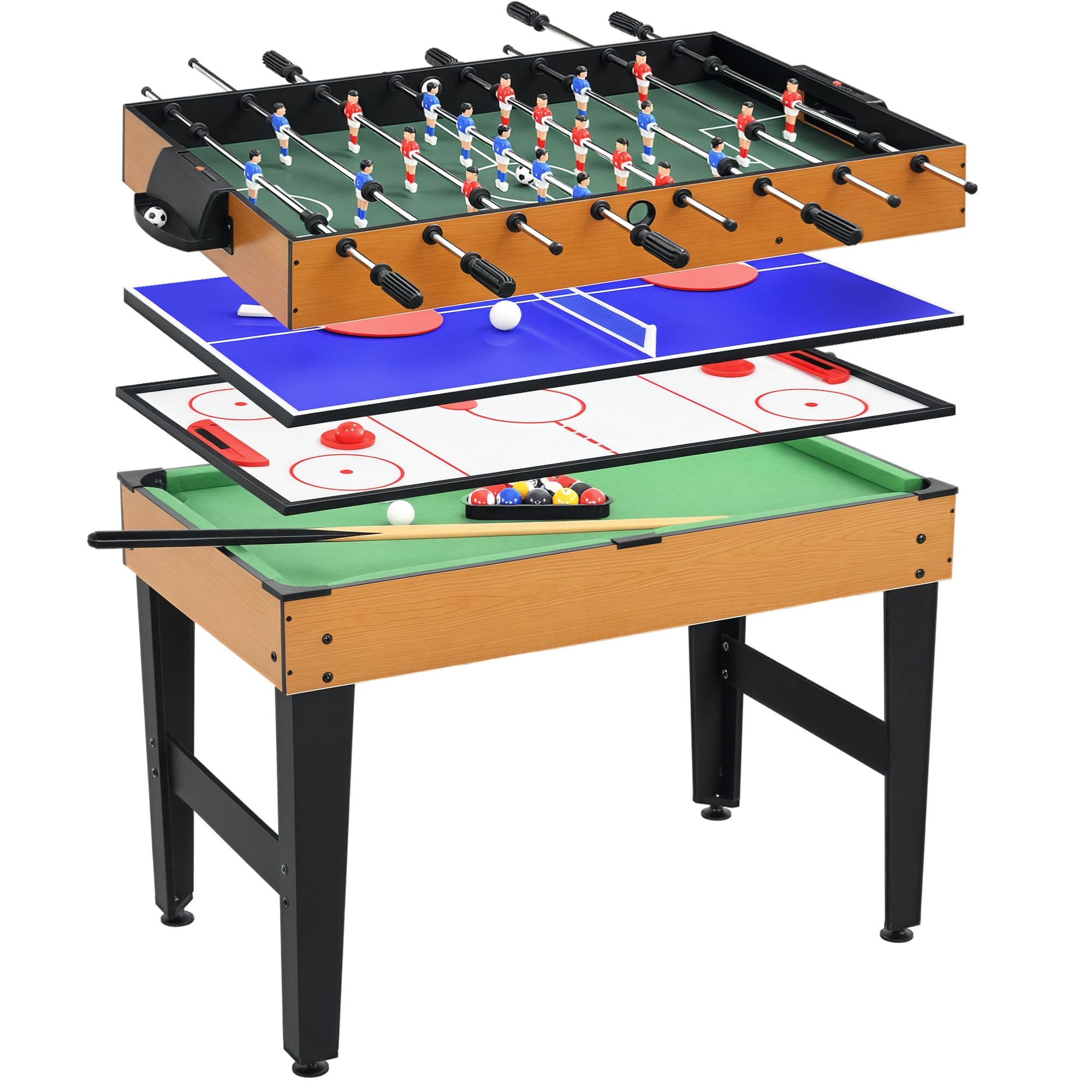 HOMCOM Multi Spieltisch 4-in-1 Tisch mit Tischtennis, Billardtisch, Tischfußball und Zubehör Multifunktionstisch für Erwachsene 107 x 61 x 84,5 cm Schwarz Naturholz