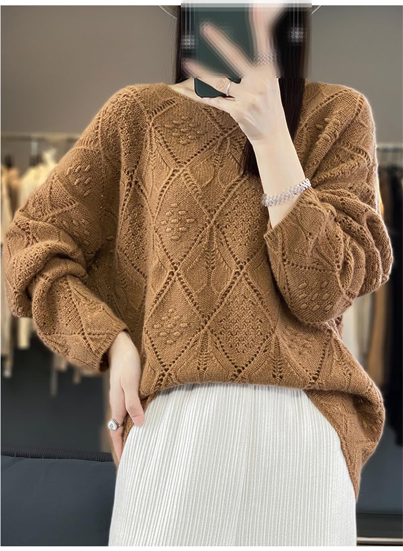 Maglione da donna in lana girocollo a maglia cava pullover sciolto pigro sottile maglioni