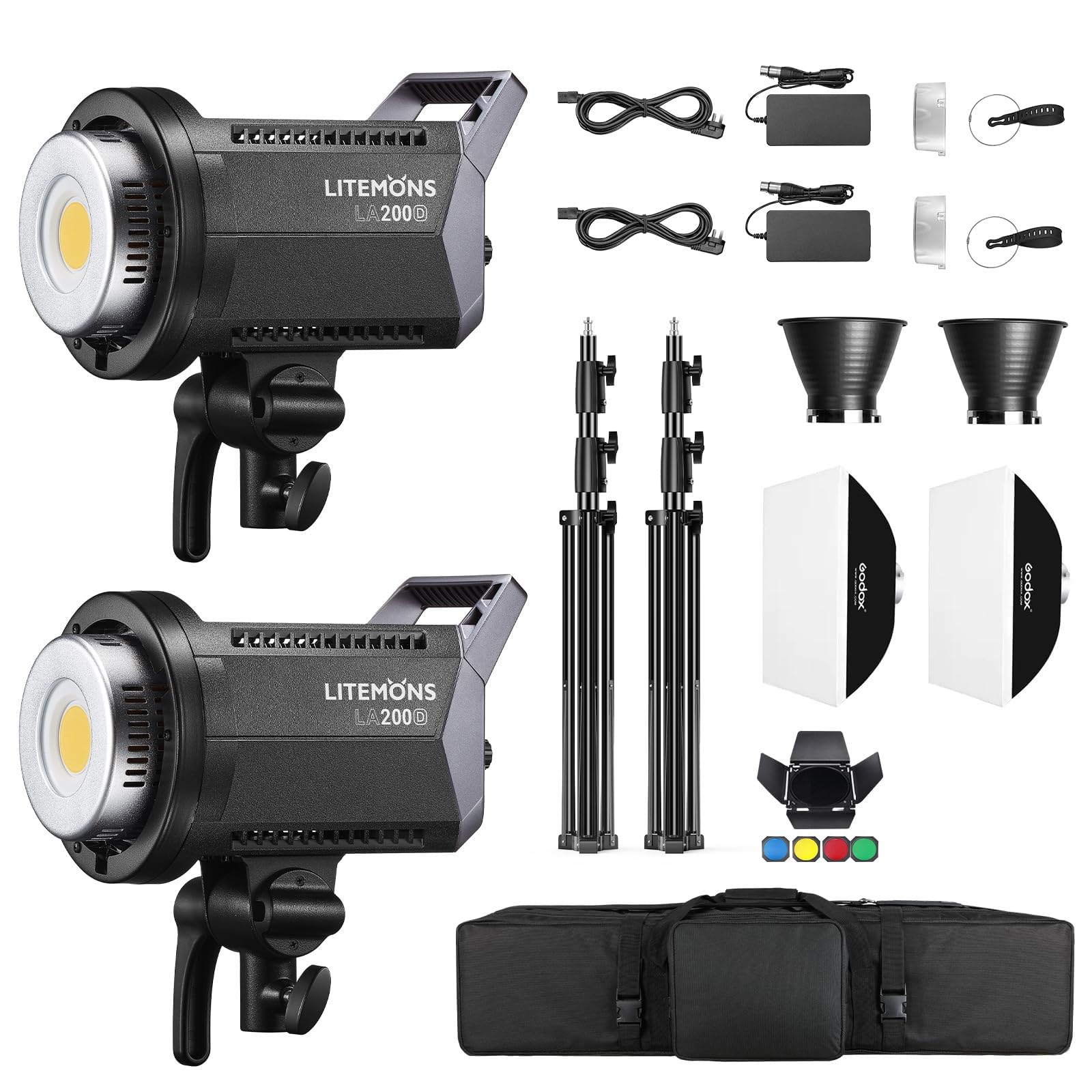 Godox 2Pack Litemons LA200D Lumière Vidéo LED Continue Lampe 5600K CRI 96+ TLCI 97+,101000lux avec Bowens Mount et contrôle APP pour Livestreaming,Vidéo,Youtuber