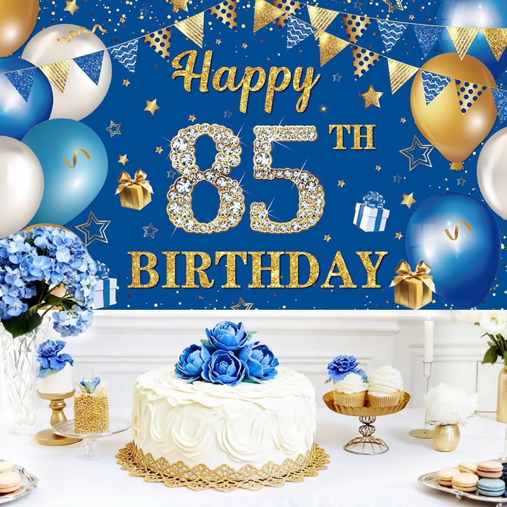 85 Birthday Decorations Happy 85th Birthday Backdrop Banner Blue Gold Large Size Banner Triangle Flag Balloons Booth Background Deco for Women Men 85 Years Old Anniversary Party Supplies Photo Prop - Image 3