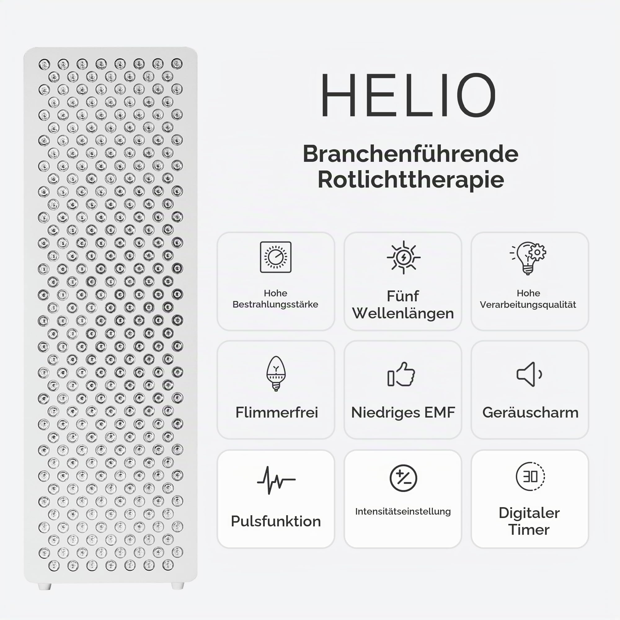 HELIO Rotlichttherapie Panel – Clinical-Grade Red Light Therapy mit 5 bioaktiven Wellenlängen (630–850 nm), hoher Bestrahlungsstärke, pulsing, für Haut, Haar, Regeneration (HELIO 1 (60 x 3W))