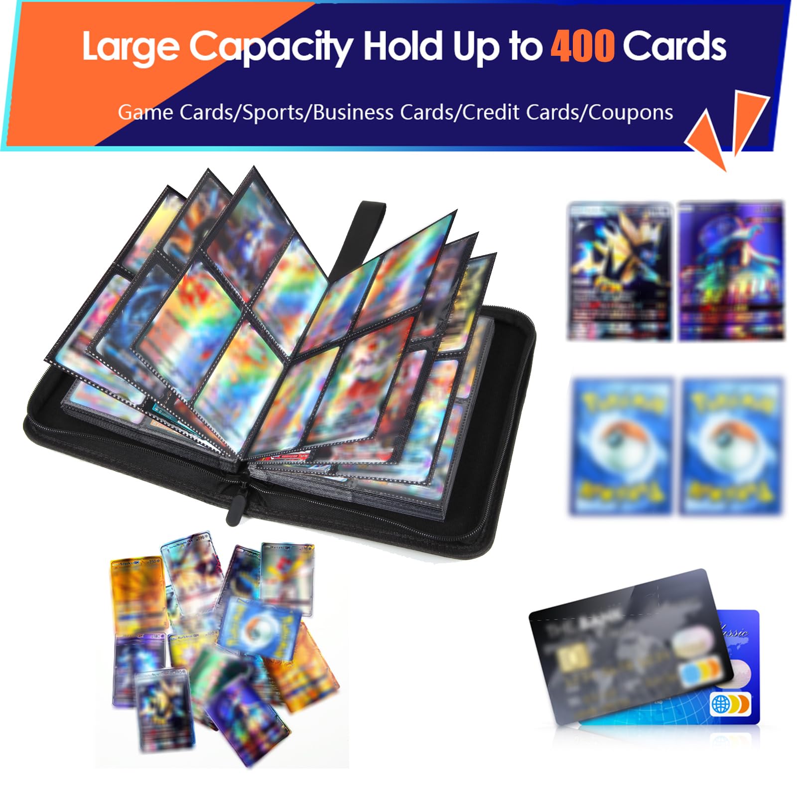 Trading Card Binder 400 Pockets Card Holder with 50 Sleeves, Card Collection Binder, Trading Card Holder Album Folder Book for TCG Sports Football Baseball Game Cards and More