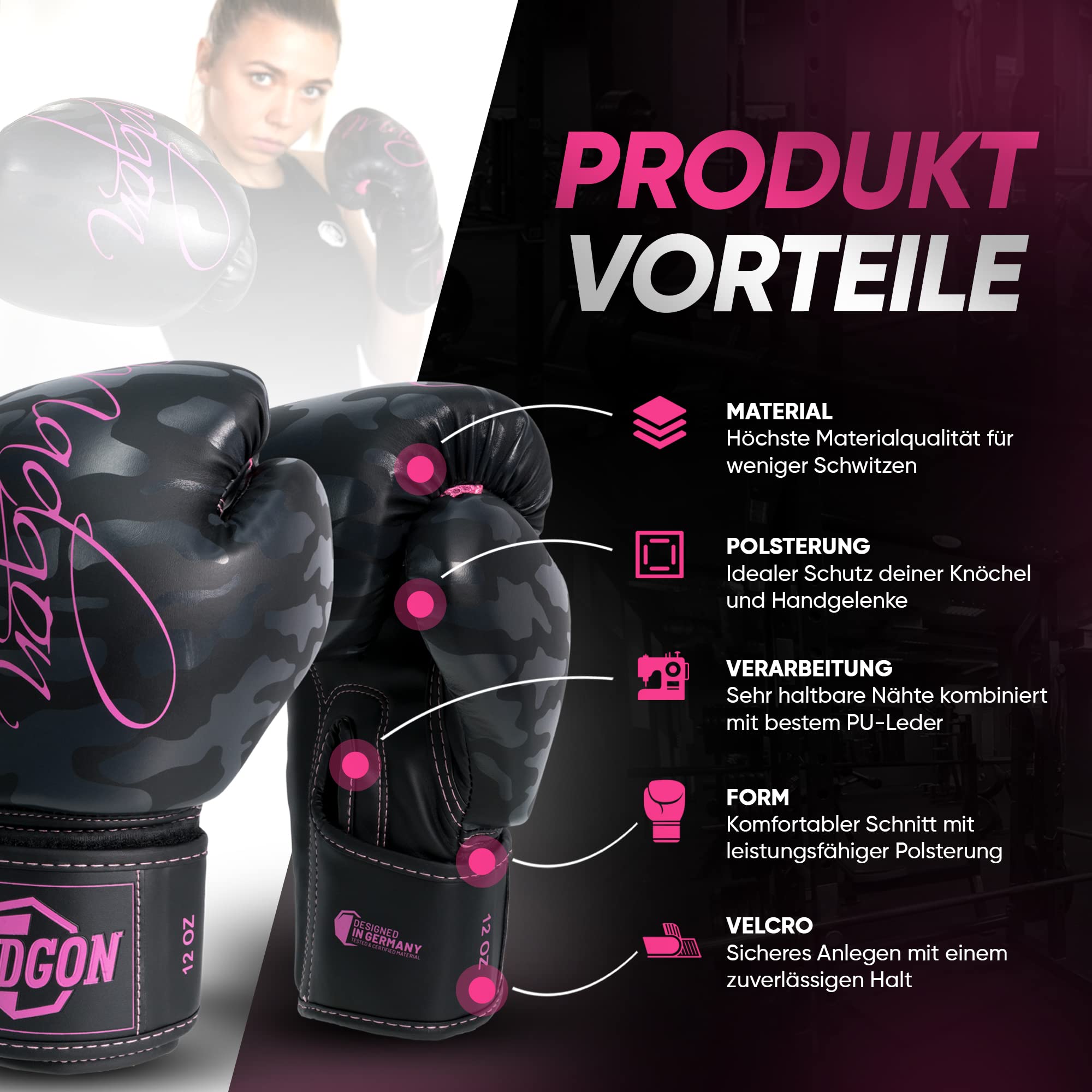 MADGON Premium Boxhandschuhe Damen - Frauen Kickboxhandschuhe für Kampfsport, MMA, Sparring, Muay Thai, Boxen - 10oz