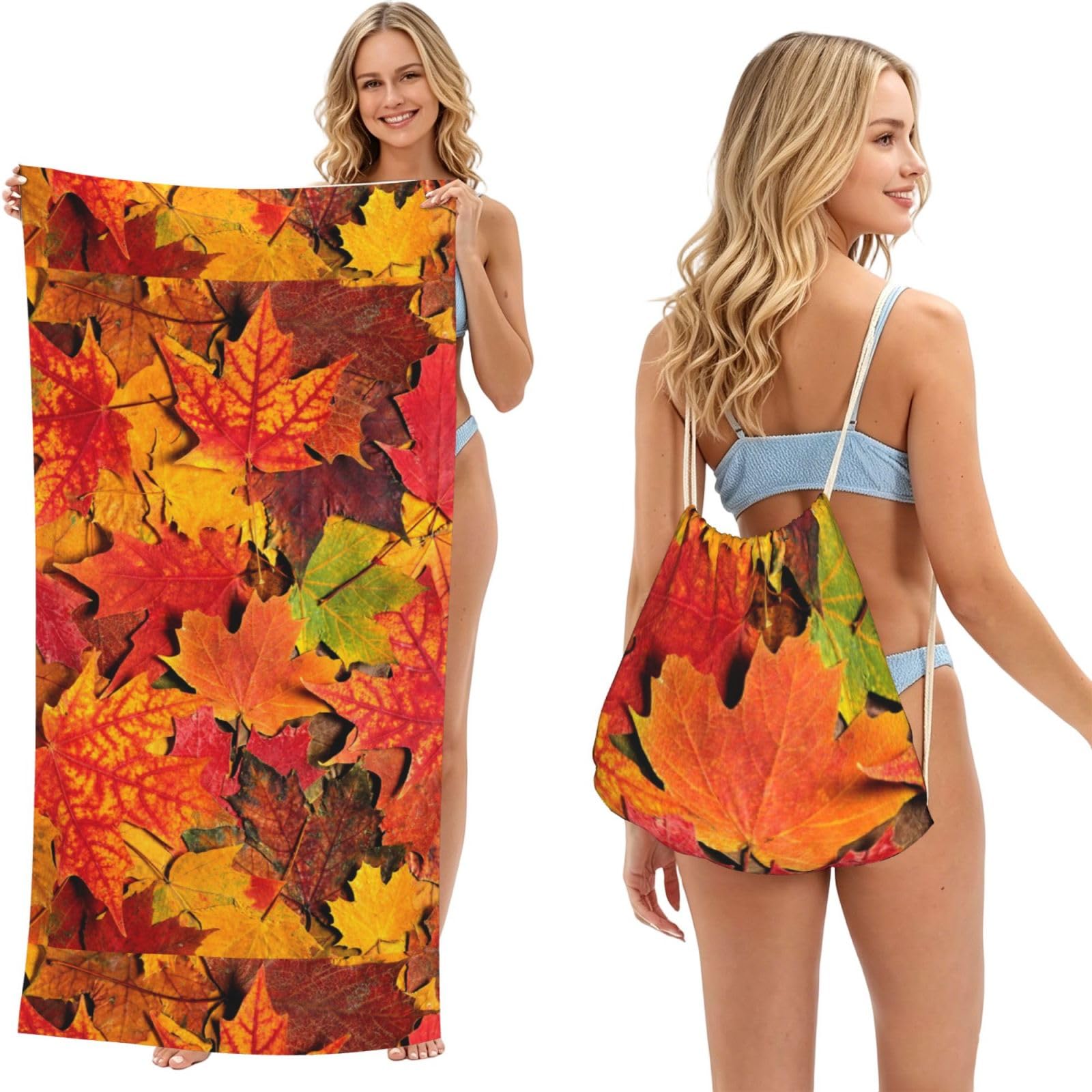 Poadnly As Picture Maple Leaf, 2 In 1 Packable Towel Bag, Beach Towels With Drawstring Backpack For Travel Holiday Camping