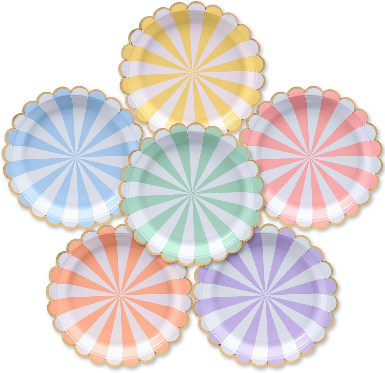 Confettiville Party Paper Plates, 50-Pack, Disposable Paper Plates, Gold Foil Scalloped Edge, Striped Pastel, 6 Colors, 9-Inch