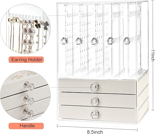 Miniatura 2 de Jenseits Acrylic Jewelry Holder, Clear Earring Organizer with 3 Drawers, Velvet Hanging Jewelry Stand Storage for Necklace Earrings Ring Bracelet