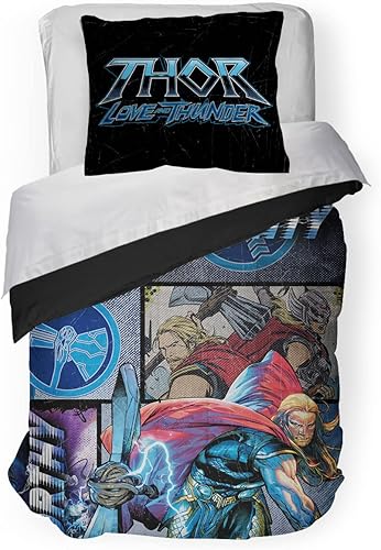Jay Franco Marvel Comics Thor Mighty - Juego de edredón y funda de almohada tamaño individual, ropa de cama súper suave para niños, microfibra