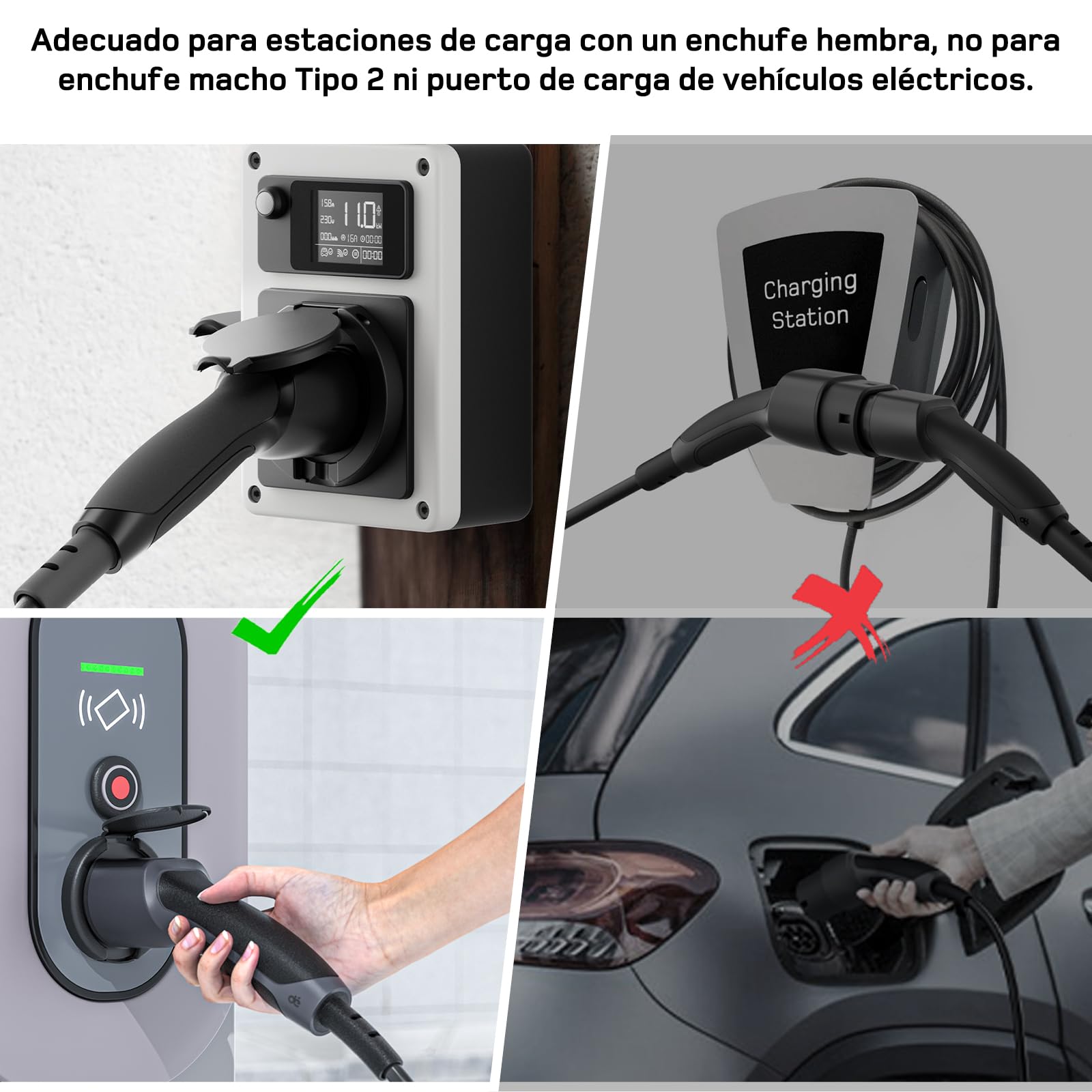 dé Adaptador Tipo 2 a Schuko 16A 0,6m Carga Fácil en estacion de Carga Coche/Wallbox 230V, IP55 para Bicicletas Eléctricas, Scooters Eléctricos y Motos No para V2L