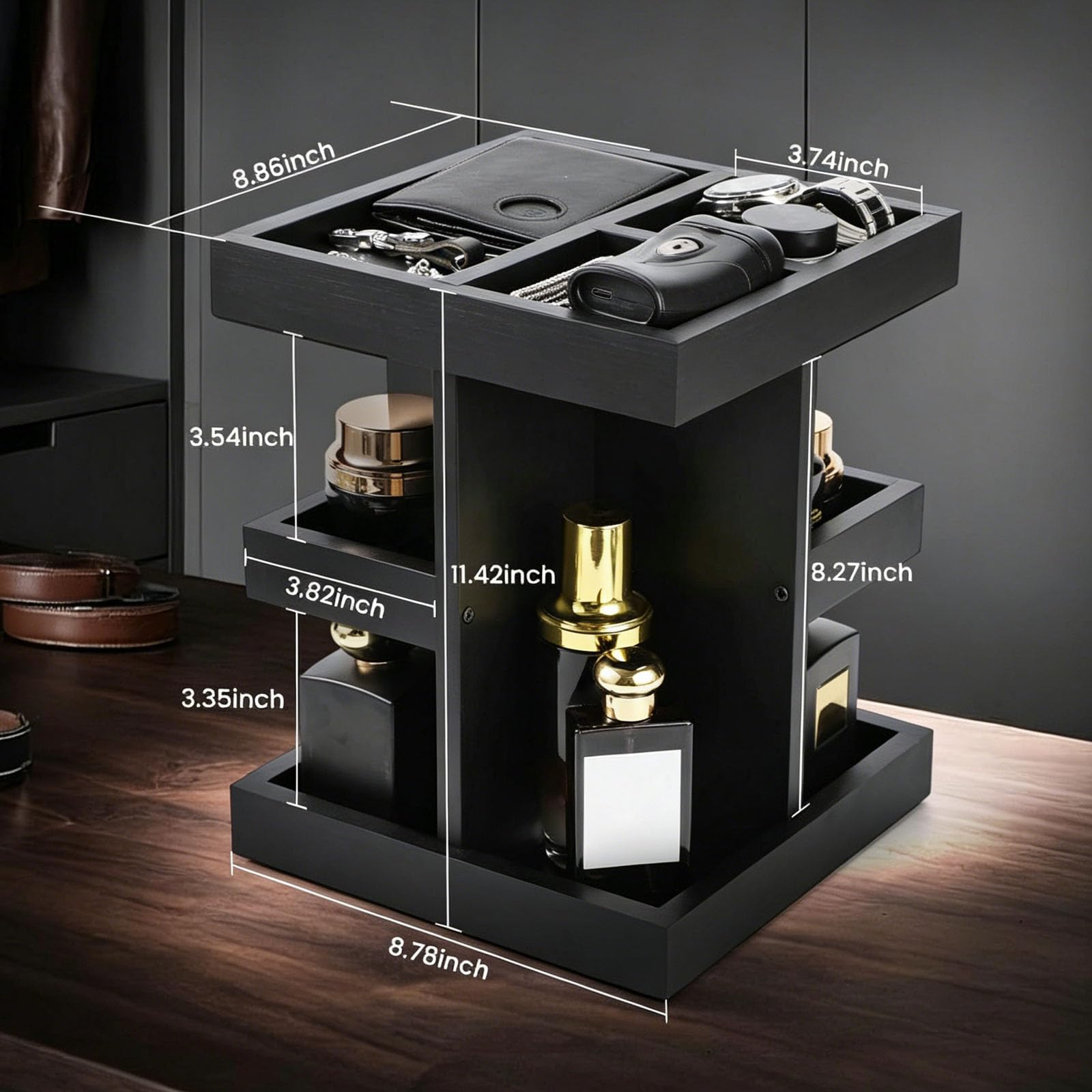 Obrotowy Drewniany Stojak Na Perfumy 360°, 3-Poziomowy Kwadratowy Organizer Na Perfumy Z 9 Przegródkami, Obrotowy Uchwyt Do Przechowywania Po Goleniu, Olejku Do Brody, Balsamu Do Golenia, Dekoracja