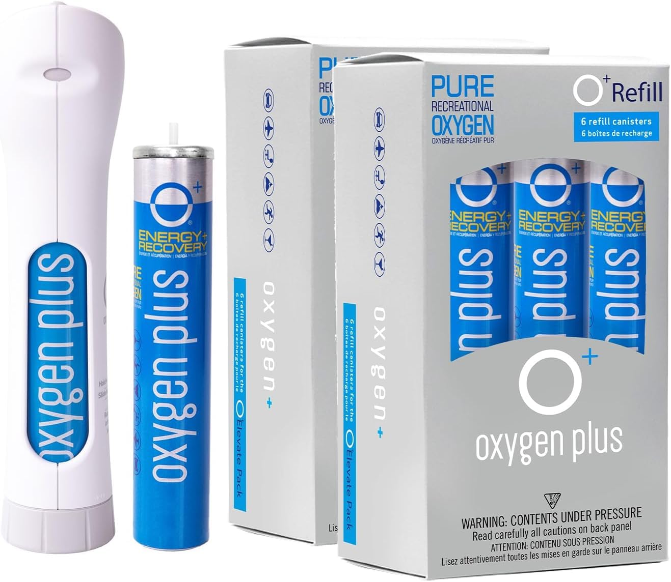 Oxygen Plus – O+ Elevate Pack | Refillable Oxygen Dispenser, 8 Recyclable Refill Canisters | Filled with 99.5% Pure O2 | Natural Supplement to Boost Energy & Recovery | 12+ Uses Per 3.4 Liter Canister