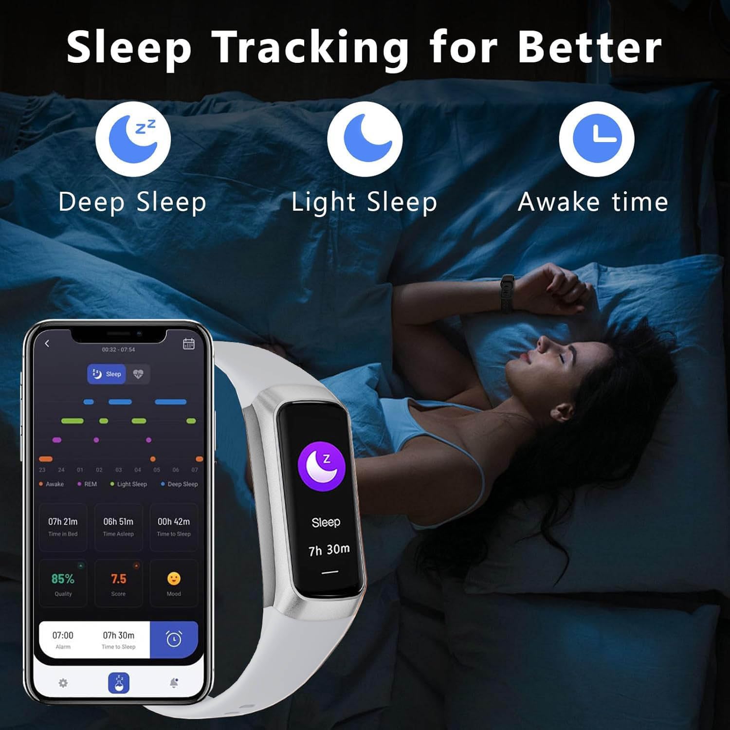 Rastreador de fitness con monitor de frecuencia cardíaca de oxígeno en sangre 24/7 y sueño, IP68 impermeable, pantalla táctil AMOLED de 1.10 pulgadas, contador de pasos, seguimiento de