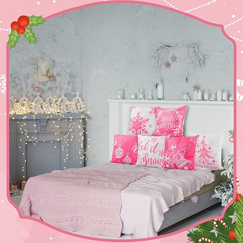Miniatura 6 de 6 fundas de cojín de Navidad para decoración de Navidad, decoración de vacaciones, para sofá, oficina, dormitorio (estilo rosa, 18 x 18 pulgadas)