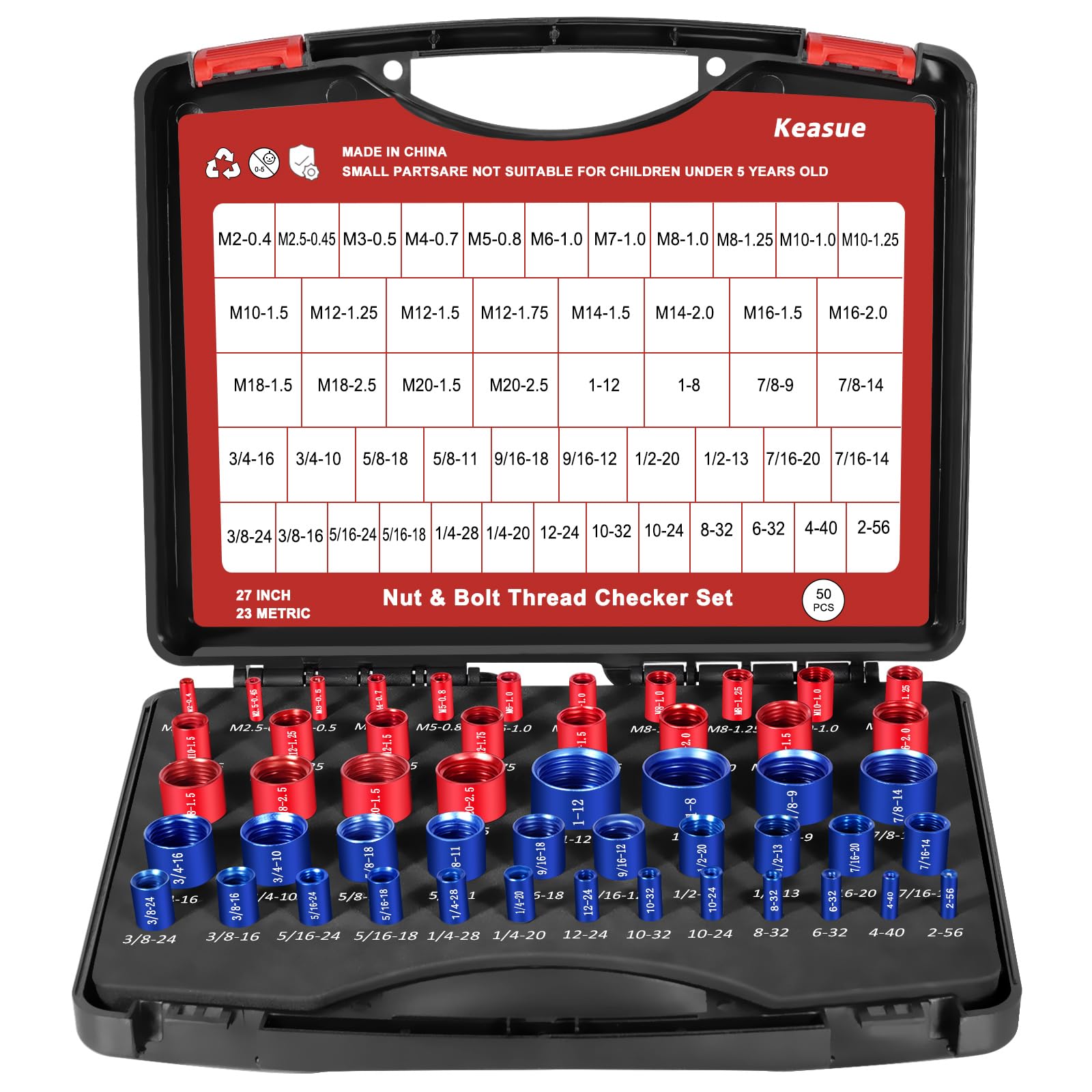 50Pcs Thread Checker, Nut and Bolt Thread Checker, 27 Inch & 23 Metric Box Set Thread Gauge, Thread Checker Standard and Metric Suitable for Size Checker of Bolts or Nuts in Narrow Areas