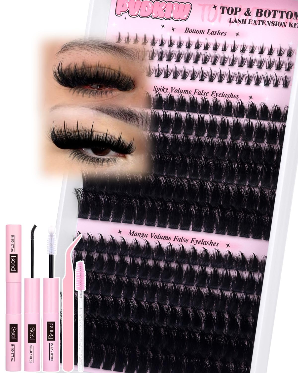 PVDKIW Fluffy Lash Clusters Kit with Bottom Lashes Spikes Eyelashes Manga Eyelash Clusters 12-22MM Volume Lash Extension Kit
