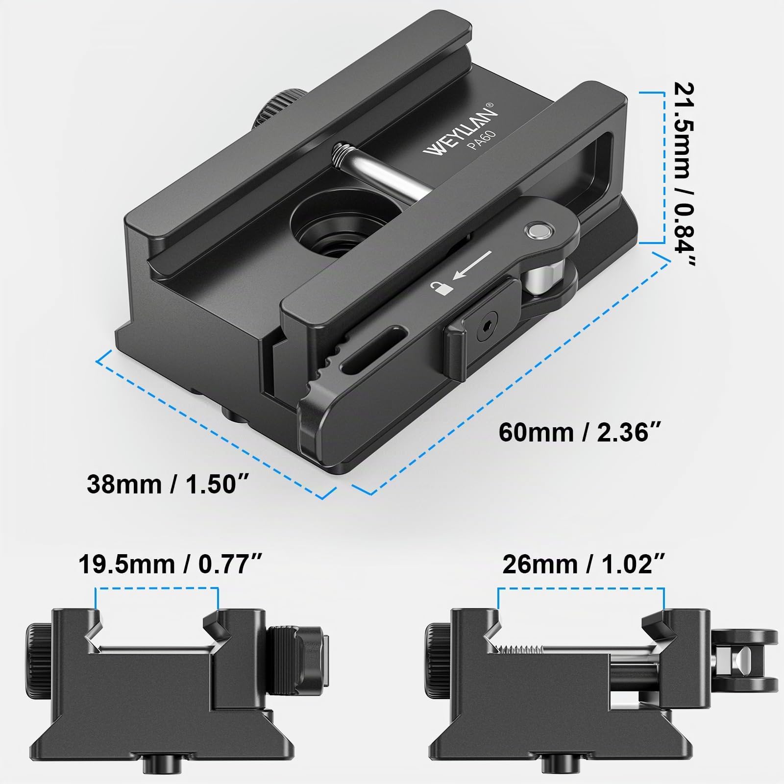 WEYLLAN ARCA to Picatinny Adapter con Leva di Rilascio, Picatinny to Arca Adapter, Con Attacco a Coda di Rondine Standard Arca Swiss e Foro di Montaggio per Cinghia QD, Compatibile con Testa a Sfera
