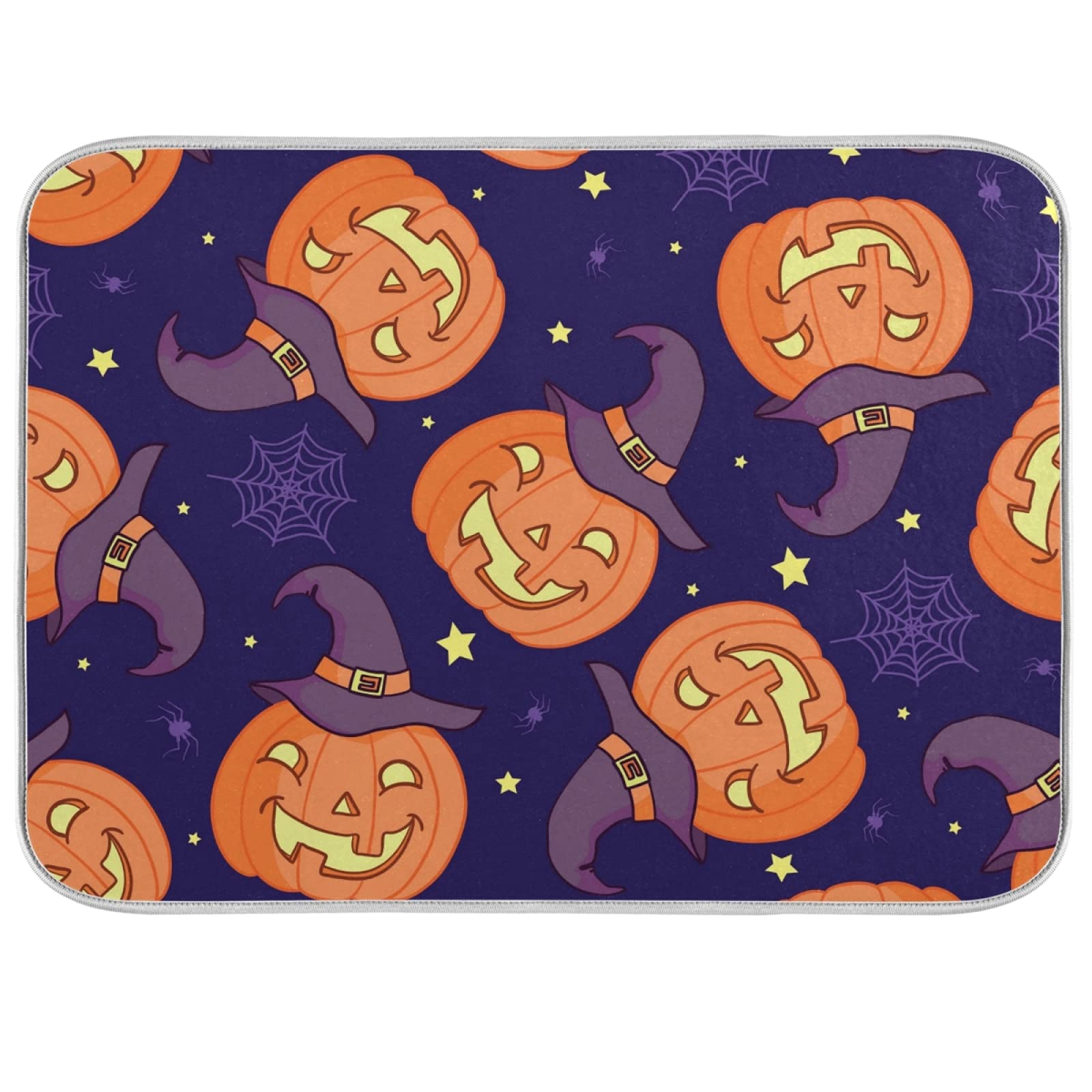 Aflyko Halloween Dish Drying Mat Pumpkin Jack-O-Lantern Spider Web Microfiber Absorbent Drying Pad Heat Resistant Counter Kitchen Island Top Protector Stovetop Cover Holiday Party Gift 18" × 24"