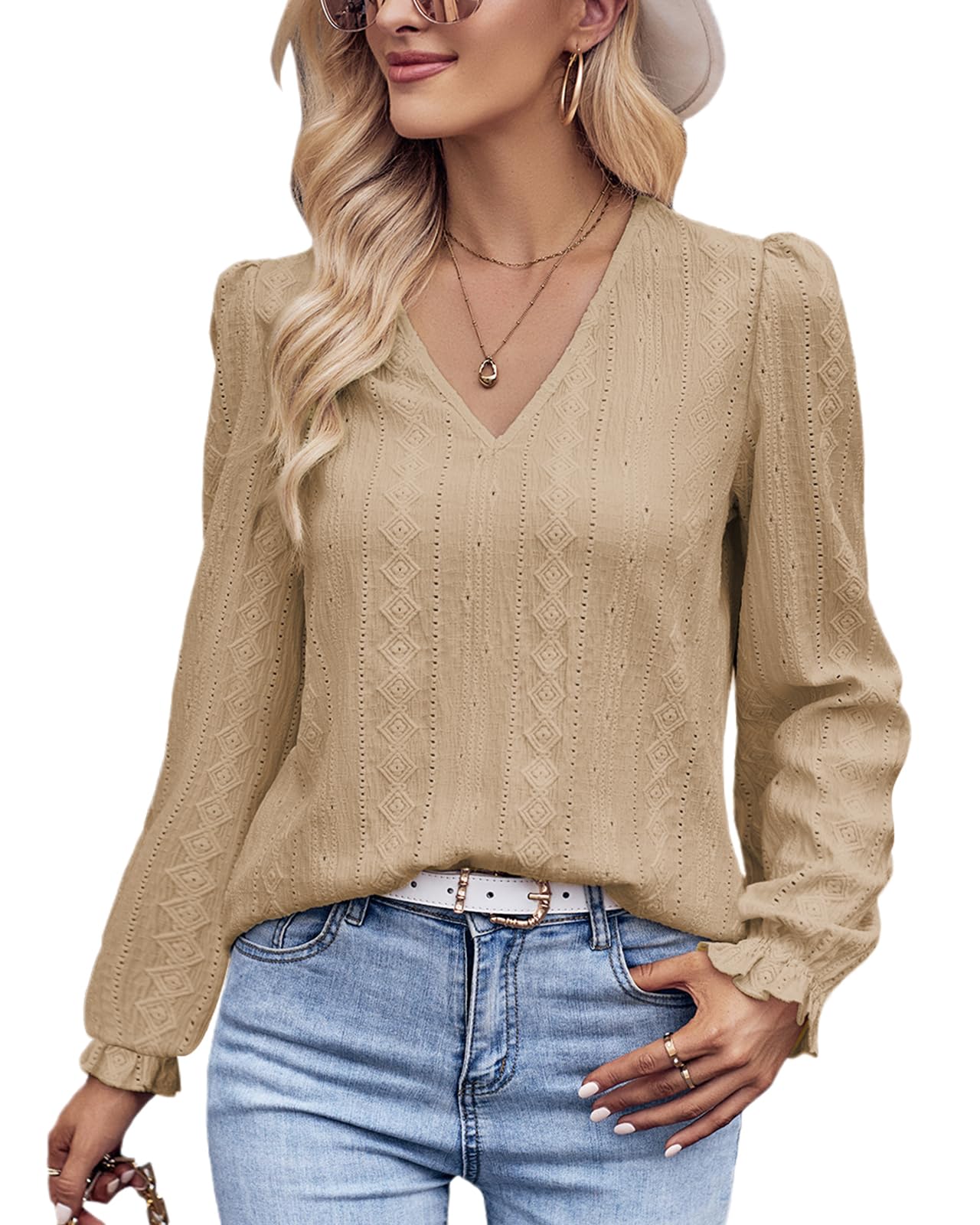 Tanmolo Langarmshirt Damen Bluse Elegant Langarm Pullover V-Ausschnitt Tunika Lässige Oberteile Puffärmel Blusenshirt Basic Tops