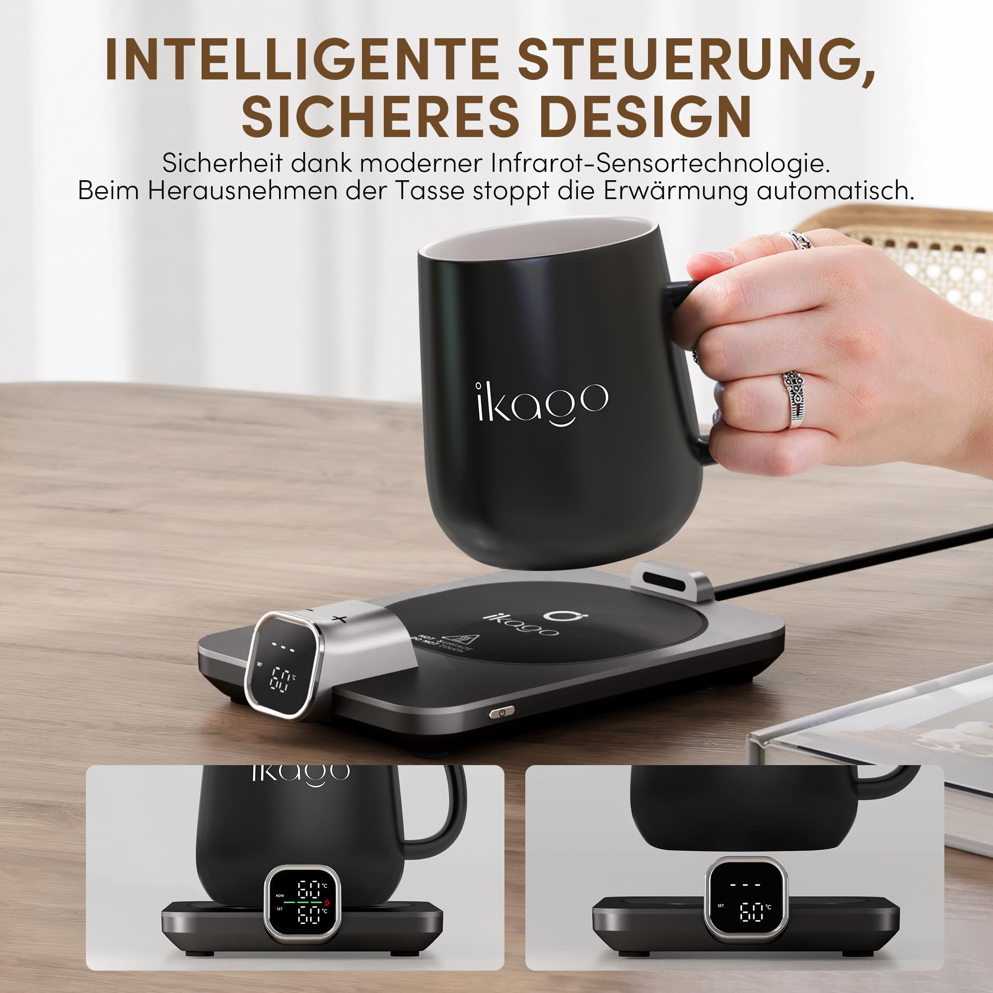 Elektrischer Tassenwärmer Set mit 1 °C Temperaturregelung und Echtzeit-Temperaturanzeige, automatischer Abschaltung, Kaffeewärmer für Schreibtisch & Büro – praktische Geschenkidee, Schwarz