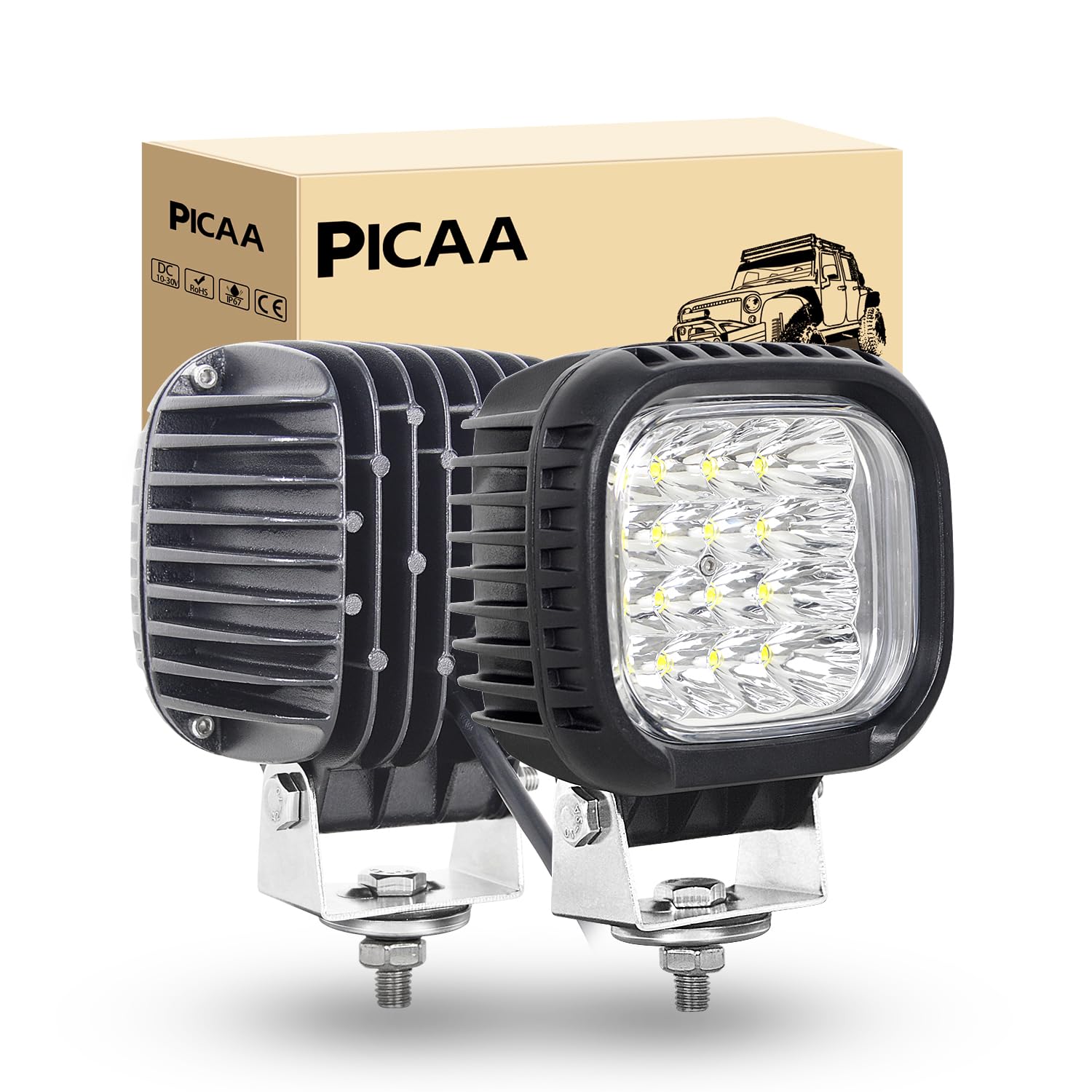 PICAA Luci da lavoro a Led, 5 Pollici 48W 6000K Bianca Fari Luci Led, 4800LM Esterno Led Spot light per FUORI STRADA Moto 4WD SUV ATV UTV Camion 12V 24V (2 Pezzis)