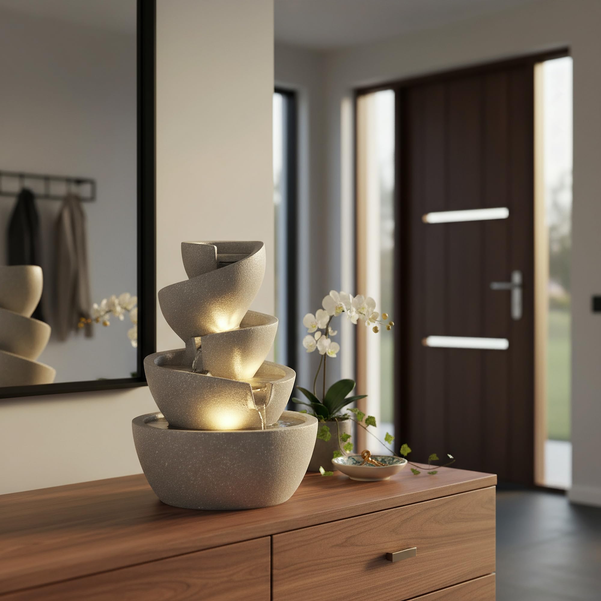 LED Zimmerbrunnen Springbrunnen Innen- & Außenbrunnen aus Polyresin, 39 cm hoch, mit warmweißen LED-Spots, Gartenbrunnen – Deko Brunnen für Wohnzimmer, Büro & Garten