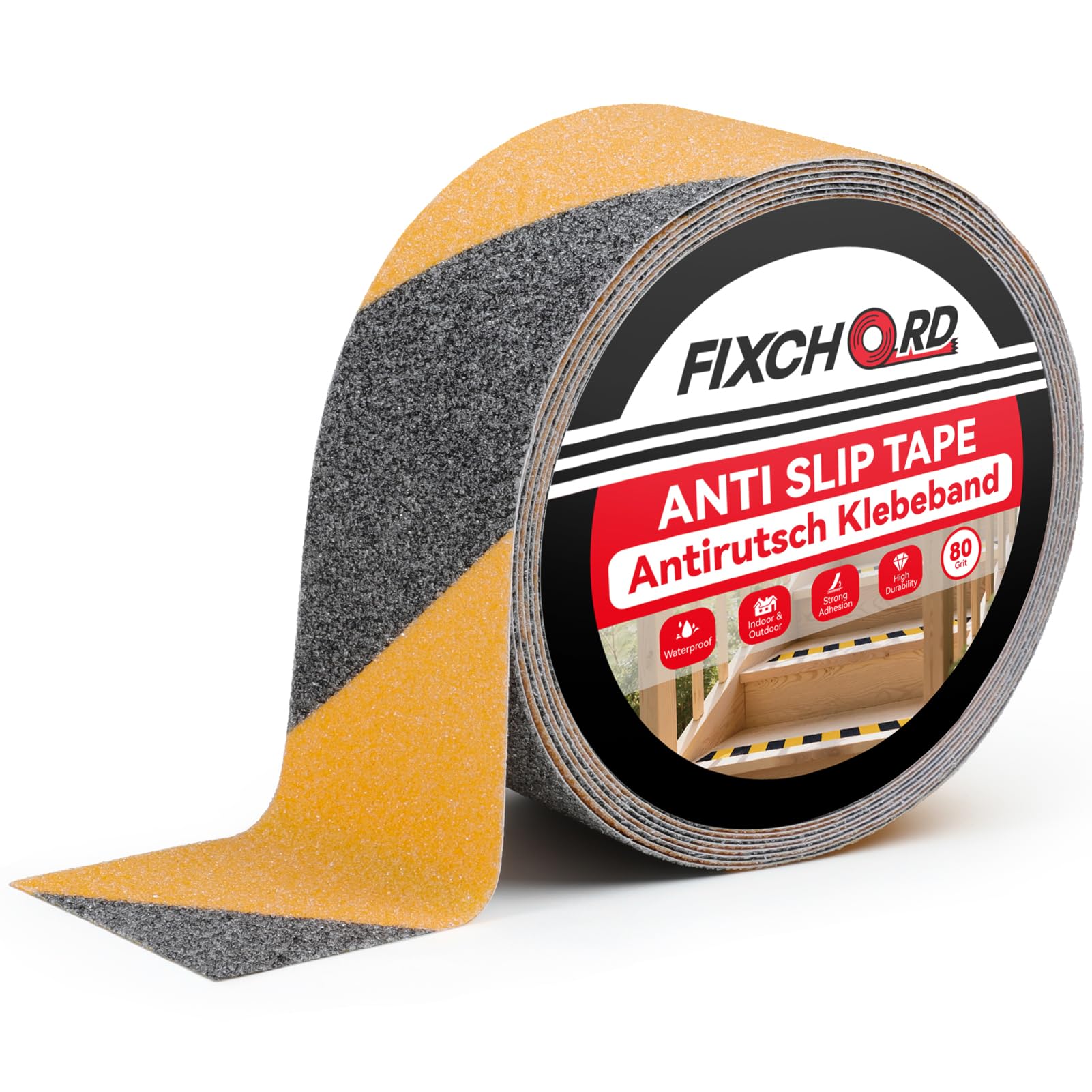 FIXCHORD Antirutsch Klebeband für Stufen, 5mx50mm Schwerlastiges Antirutsch Streifen für Innen & Außen, antirutsch klebeband streifen, Wasserdicht, Hohe Griffigkeit, 80-Körnung, Gelb-Schwarz