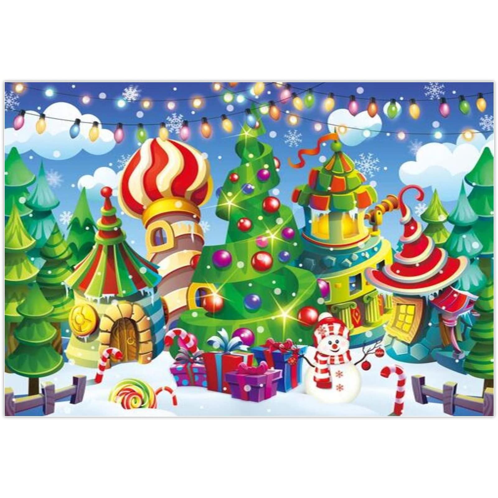 Allenjoy 68" x 45" Cartoon Christmas Village Backdrop Winter Cabin Pine Tree Background Xmas Fairy Tale Cottage Animated Kids Candy Party Supplies Banner Cake Table Decor Photo Booth Prop Favor Gifts