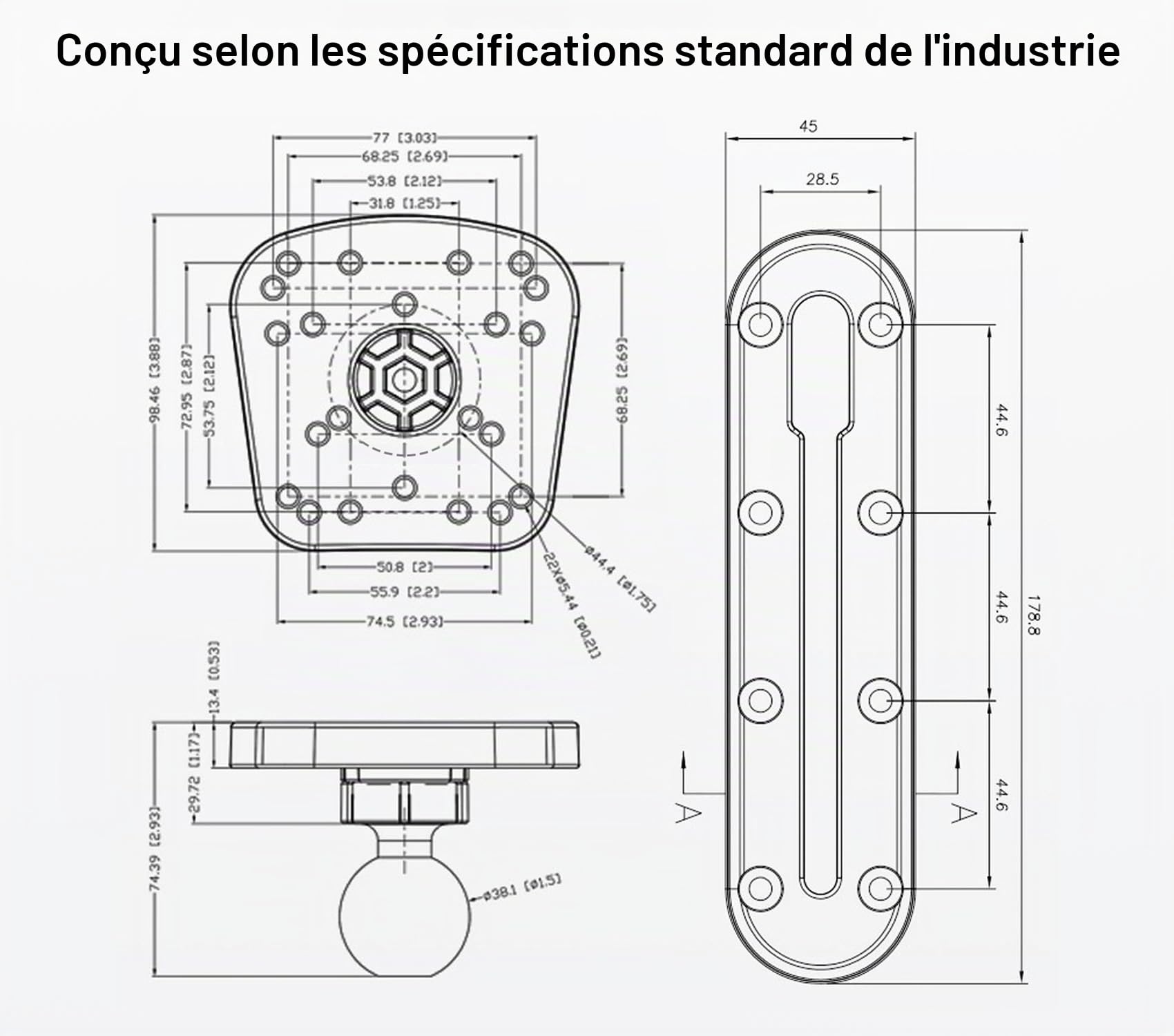 Support de sondeur de poisson avec bras de sondeur et support de montage réglable compatible avec Garmin, Lowrance, Humminbird