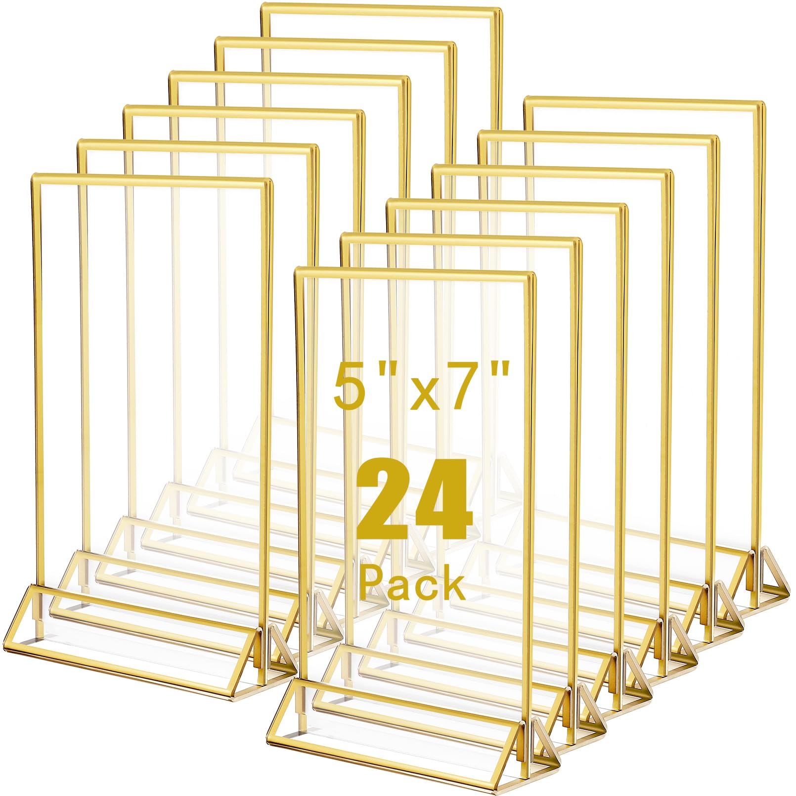 Jeffbaubl24 Pack Acrylic Sign Holders,5x7in Double Sided Table Menu Display Stand,Clear Acrylic Sign Holder with Gold Borders and Vertical Stand,Gold Sign Holders for Wedding Table Number,Photo