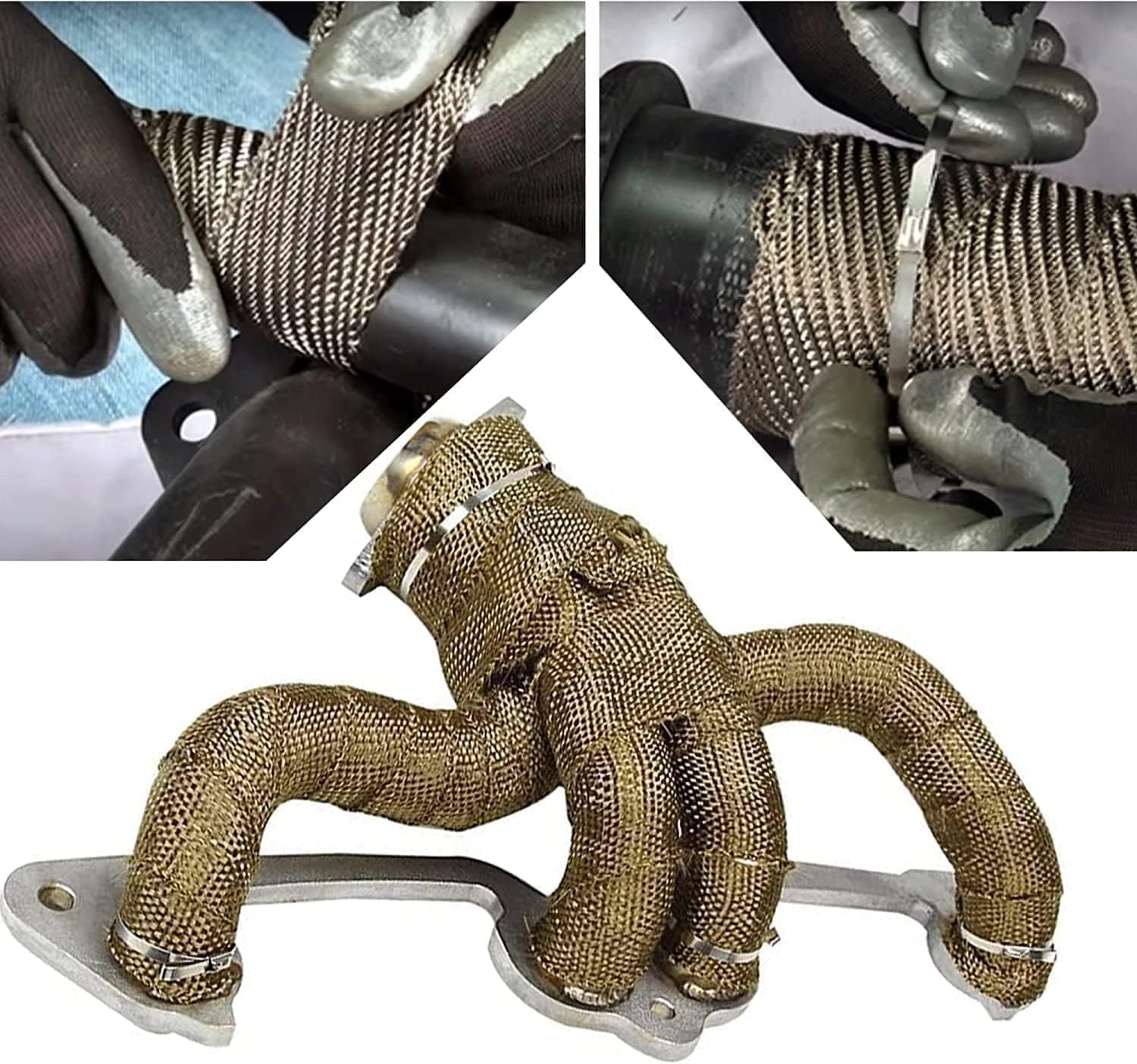 Cinta protectora de calor para tubo de escape, PVUEL 5M de cinta protectora de calor de titanio hecha de fibra de basalto, banda dorada para tubo de escape con 10 bridas de acero inoxidable, para
