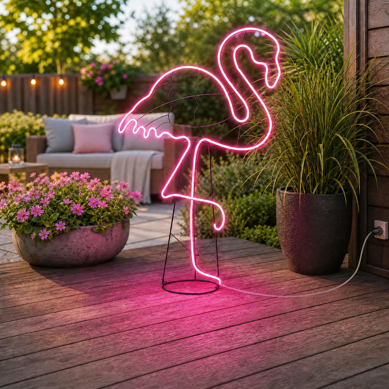 hellum Flamingo LED outdoor, Neon Flamingo mit 648 pinken LED, 115x77,5cm | XXL LED Flamingo mit 5m Zuleitung und Transformator, Flamingo Lampe outdoor mit pinkem Lichtschlauch für innen + außen 578393