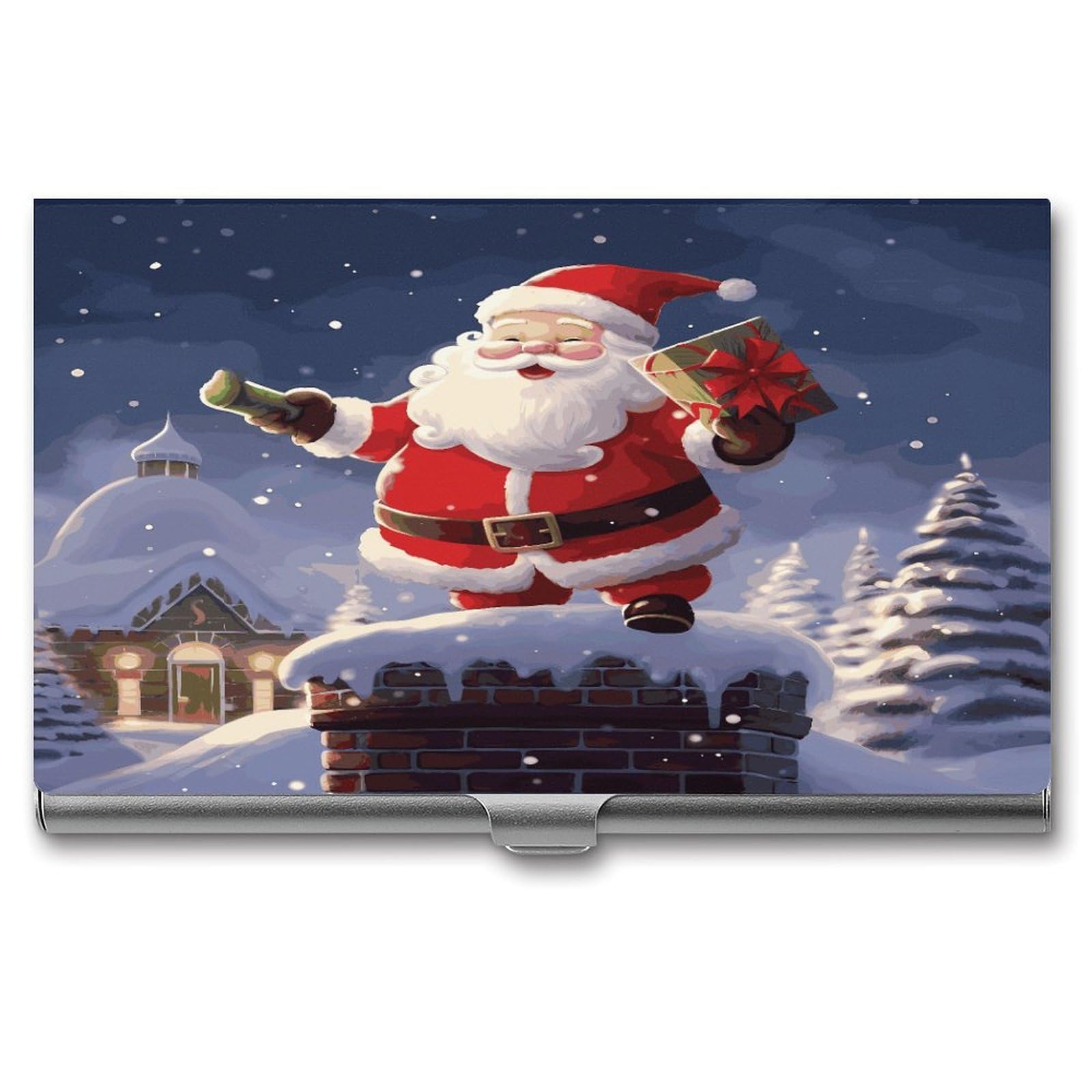LDGSUPH Merry Christmas Santa Business Card Holder Fashion Slim Name Card Holder Minimalist Design Case Metal Card Carrier Personalized Business Card Case with Flip for Men Women