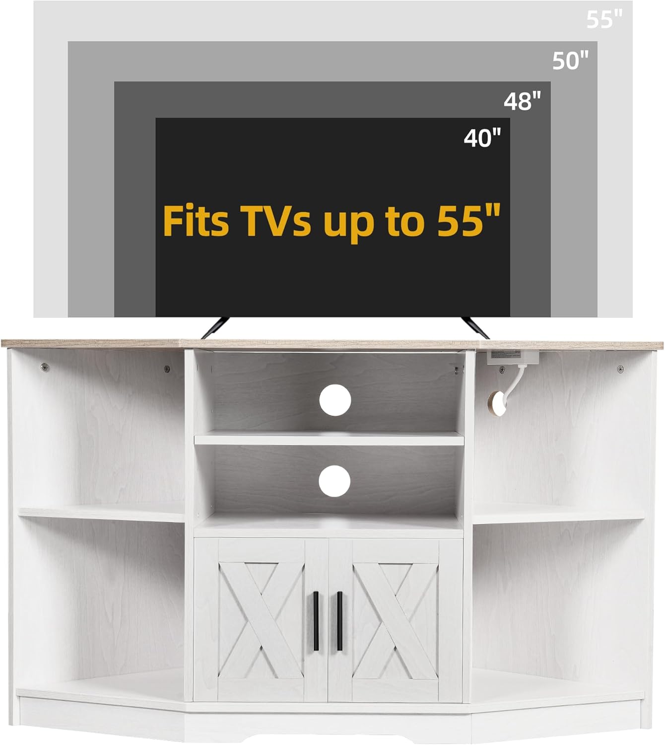 Diagram showing TV sizes that fit the stand, indicating compatibility up to 55 inches.