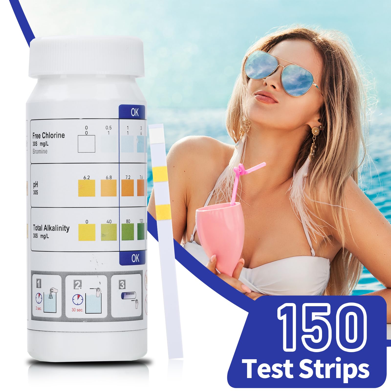 Paski testowe 3 w 1 do basenu, do spa, Aideepen 150 pałeczek, zestaw do testowania wody, dokładny tester pH basenu, chloru resztkowego, całkowitych alkaliów w wodzie pitnej, basenie, akwarium